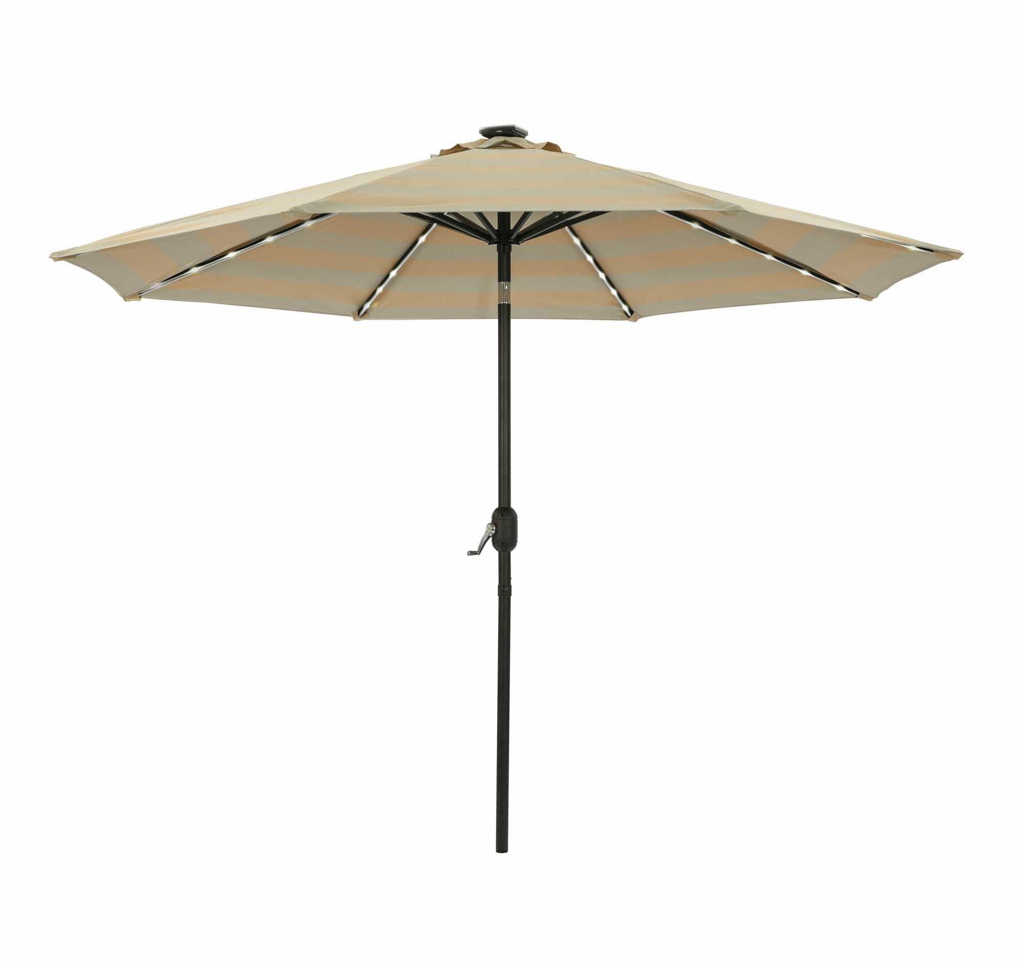 Patio Umbrella: Champagne/Taupe, Aluminum, Hand Crank, 9 ft Overall Dia, Bronze