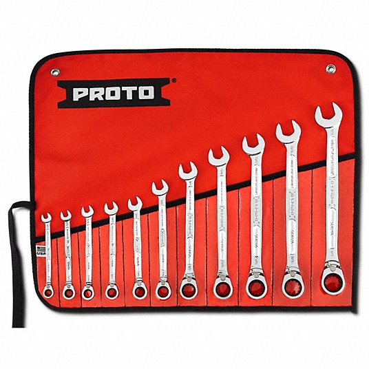 PROTO Combination Wrench Set: Alloy Steel, Full Polish Chrome, 11 Tools,  Std, Reversing, Tool Roll