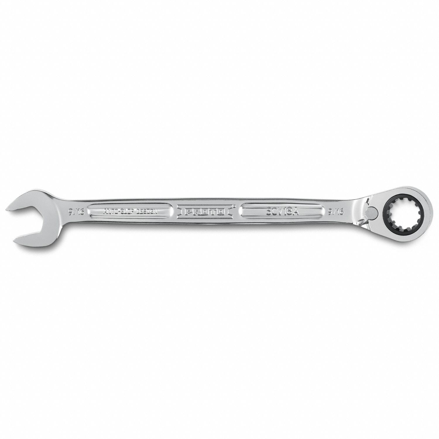 Combination Wrenches: Alloy Steel, Full Polish Chrome, 9/16 in Head Size, 8 3/4 in Overall Lg