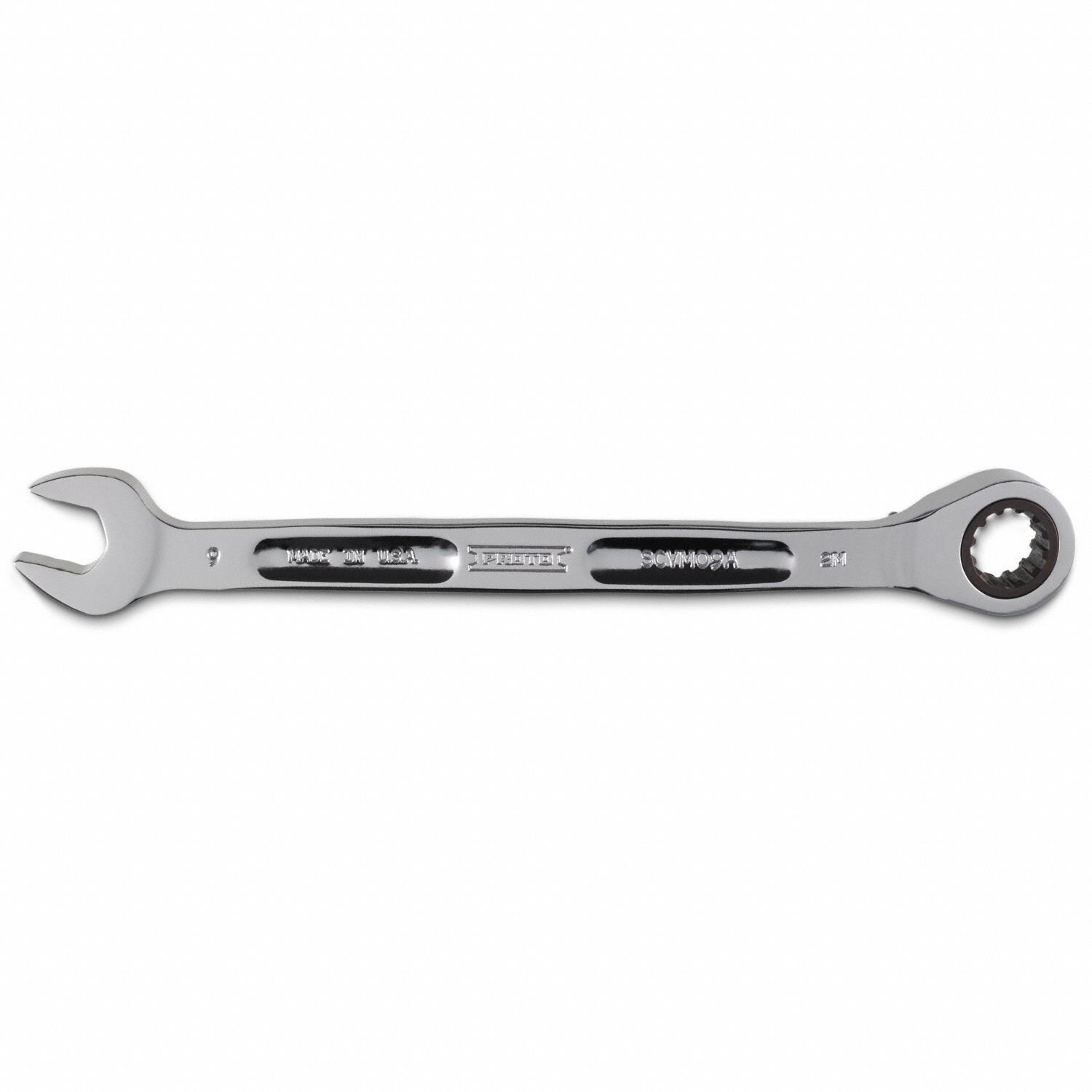 Combination Wrenches: Alloy Steel, Full Polish Chrome, 9 mm Head Size, 5 5/8 in Overall Lg