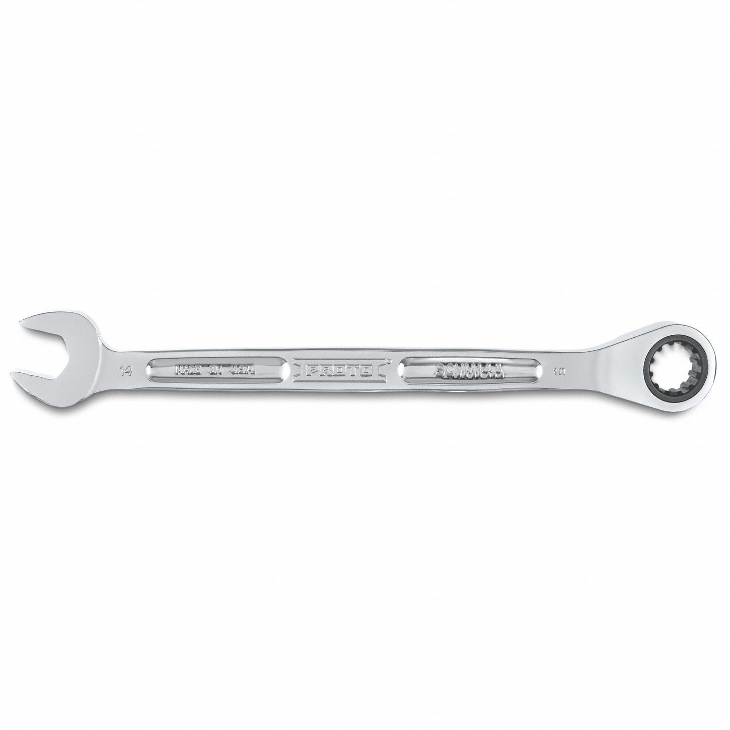 Combination Wrenches: Alloy Steel, Full Polish Chrome, 14 mm Head Size, 8 3/4 in Overall Lg