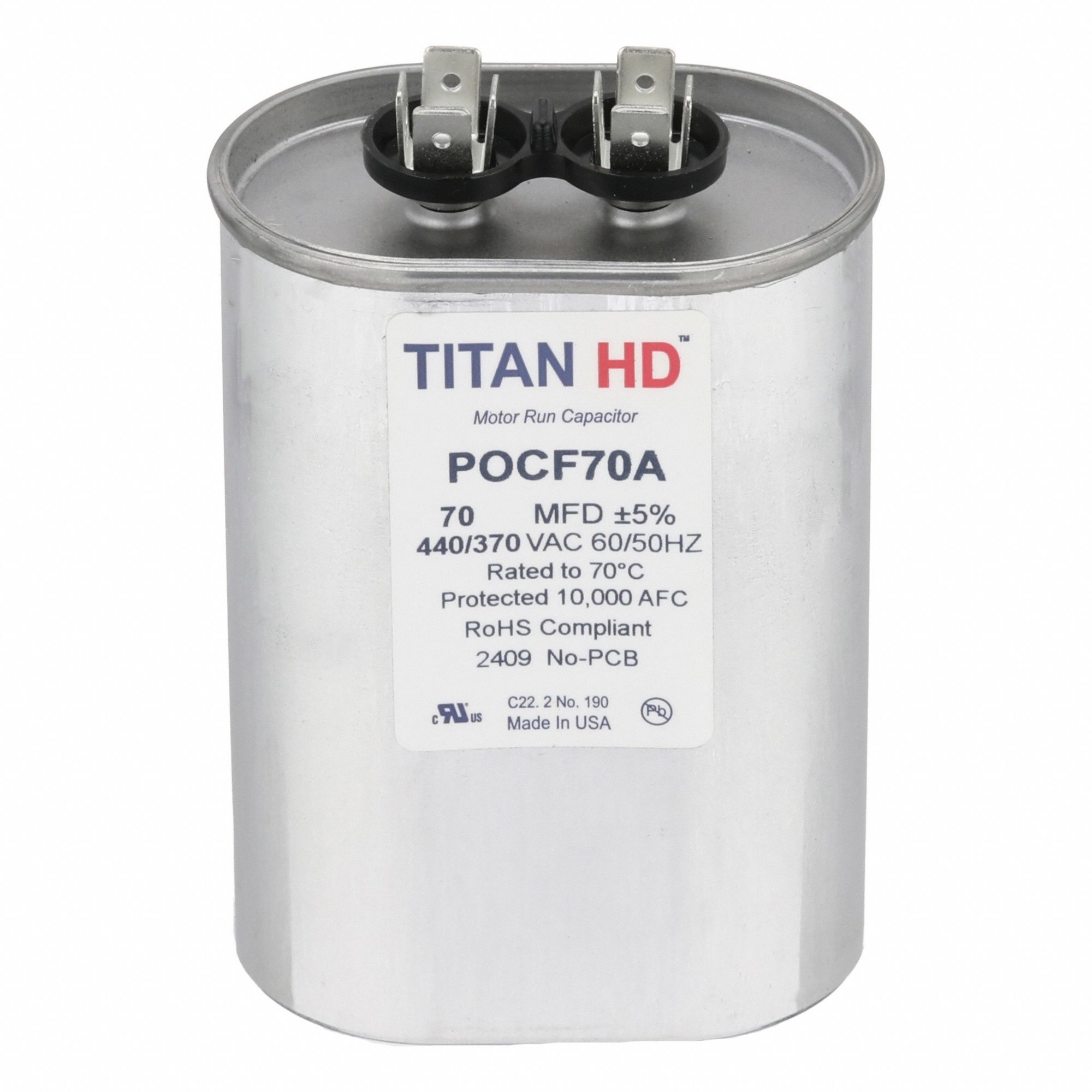Motor Run Capacitor: Oval, 440/370V AC, 70 MFD, 4 3/8 in Overall Ht, -40°C Op Temp - Min
