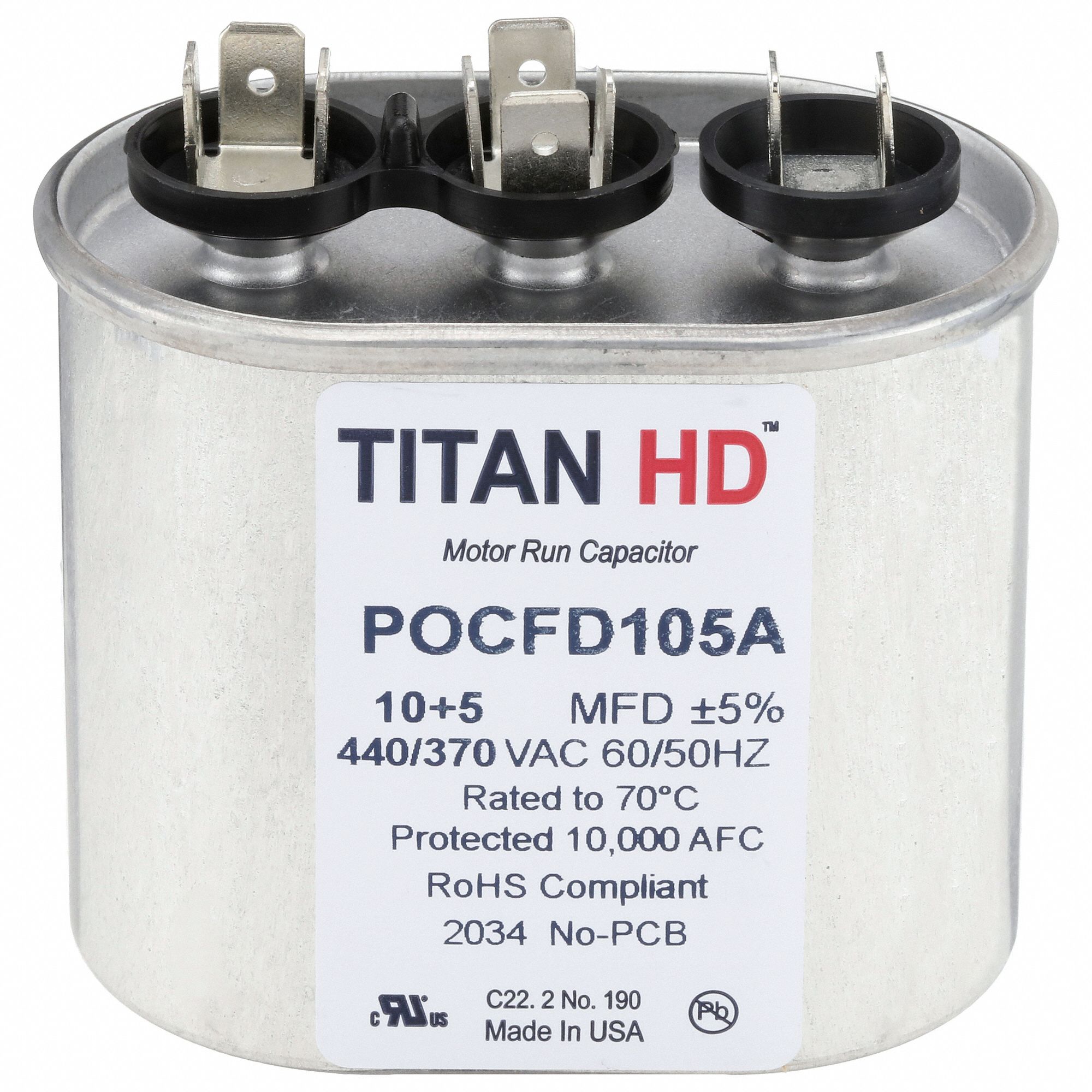 Motor Dual Run Capacitor: Oval, 440V AC, 10/5 MFD, 2 7/8 in Overall Ht, -40°C Op Temp - Min