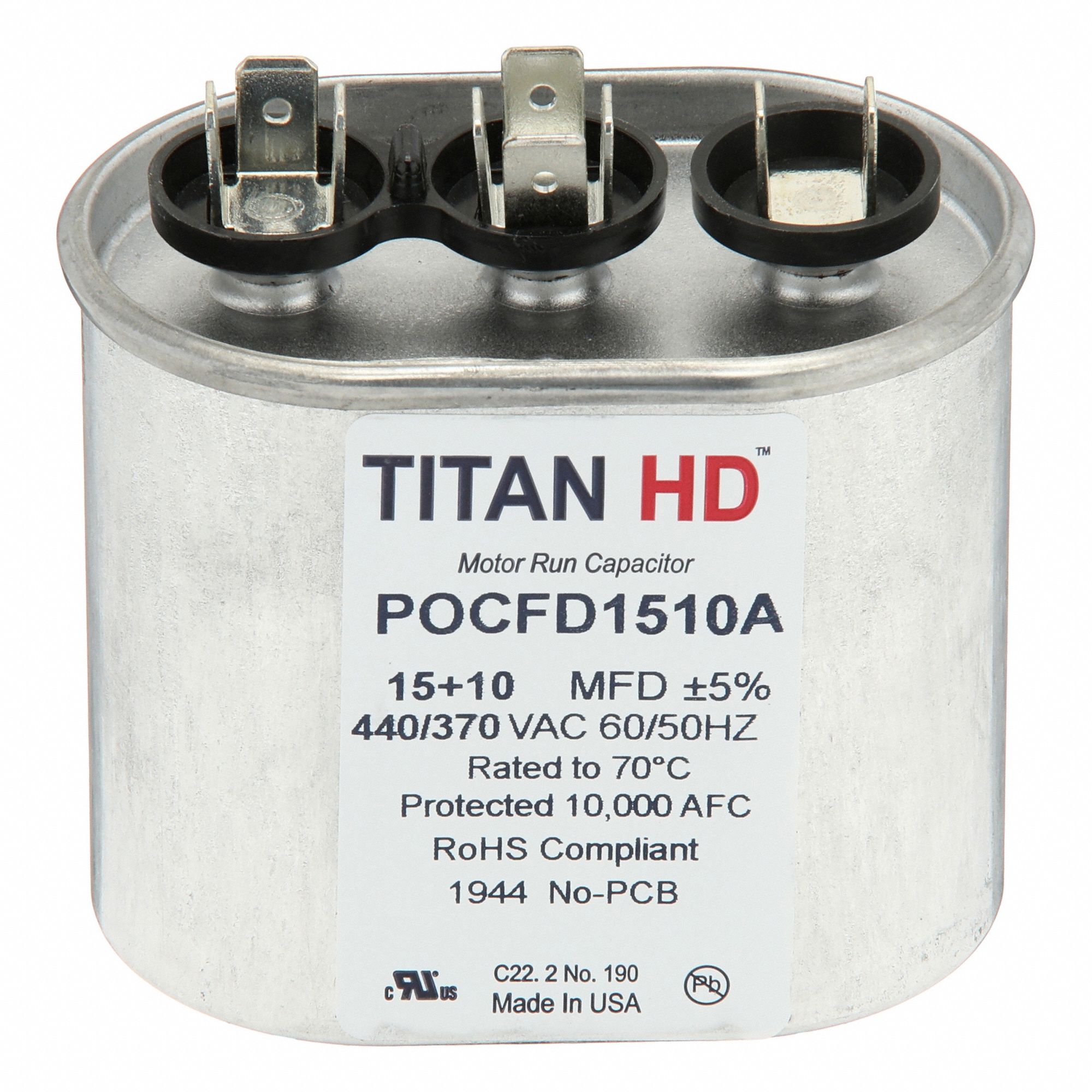 Motor Dual Run Capacitor: Oval, 440V AC, 15/10 MFD, 3 1/4 in Overall Ht, 70°C Op Temp - Max