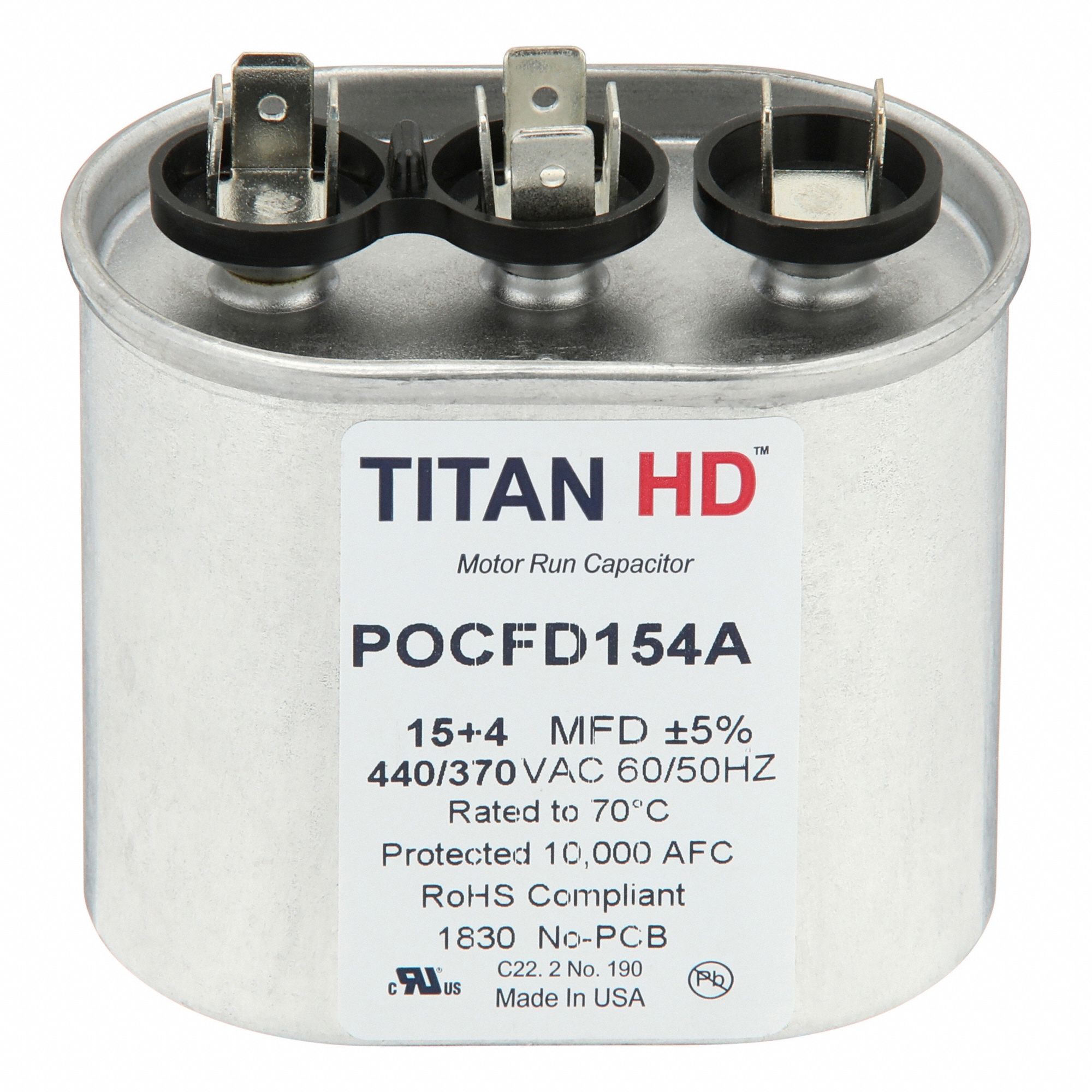 Motor Dual Run Capacitor: Oval, 440V AC, 15/4 MFD, 2 7/8 in Overall Ht, -40°C Op Temp - Min