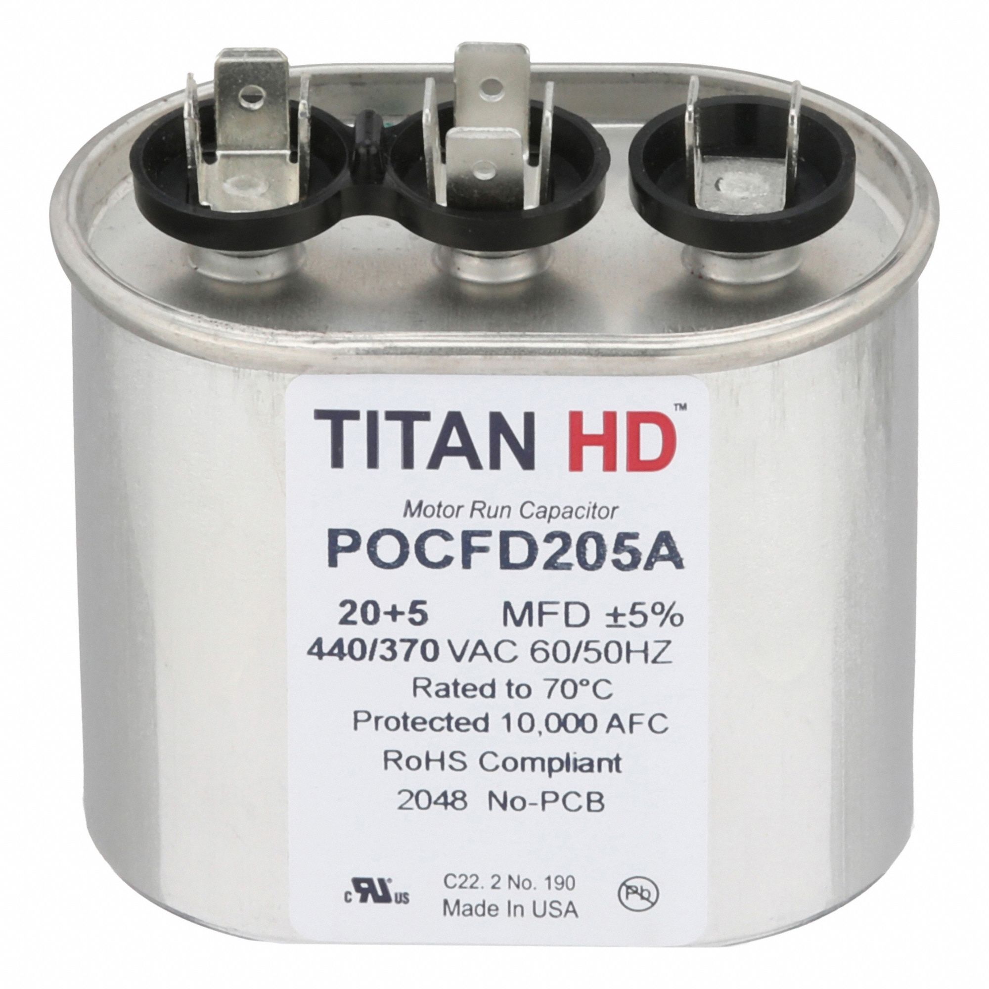 Motor Dual Run Capacitor: Oval, 440V AC, 20/5 MFD, 2 7/8 in Overall Ht, -40°C Op Temp - Min