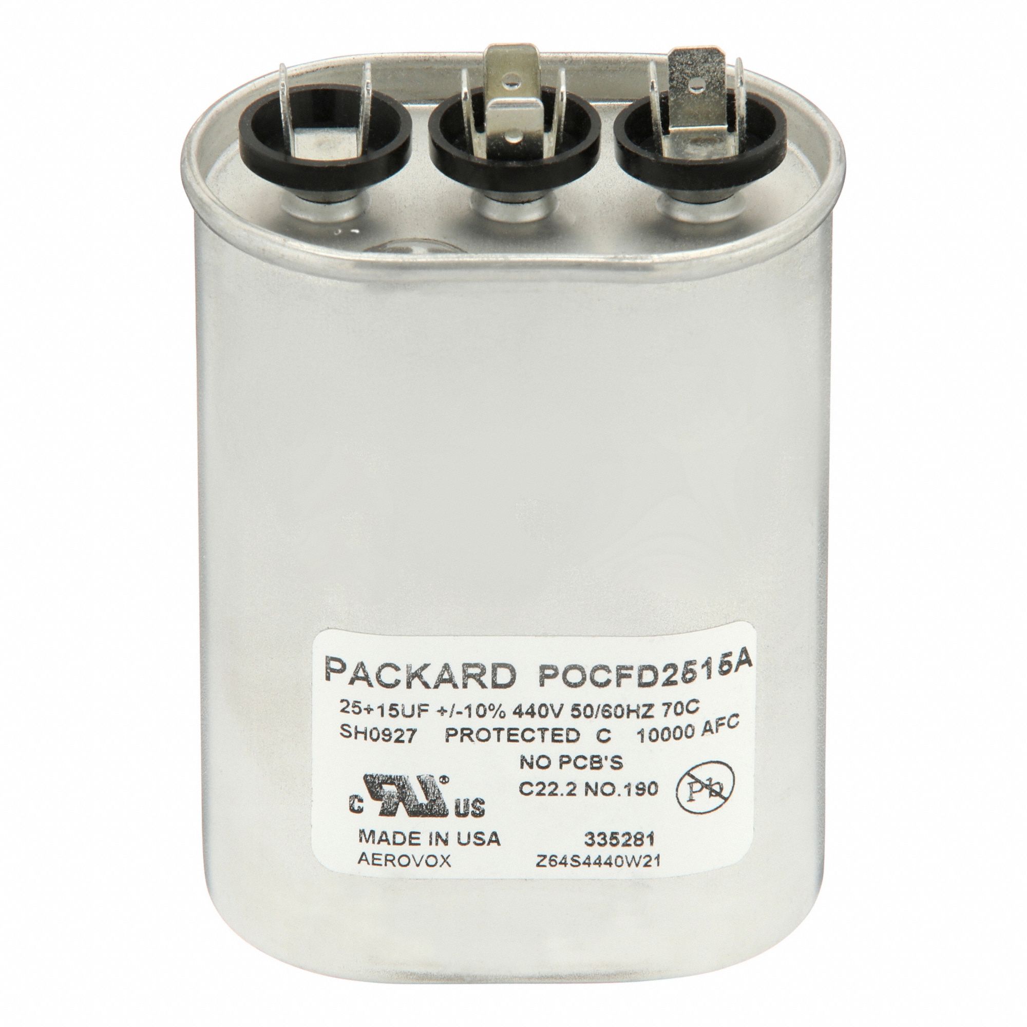 Motor Dual Run Capacitor: Oval, 440V AC, 25/15 MFD, 4 1/4 in Overall Ht, 70°C Op Temp - Max