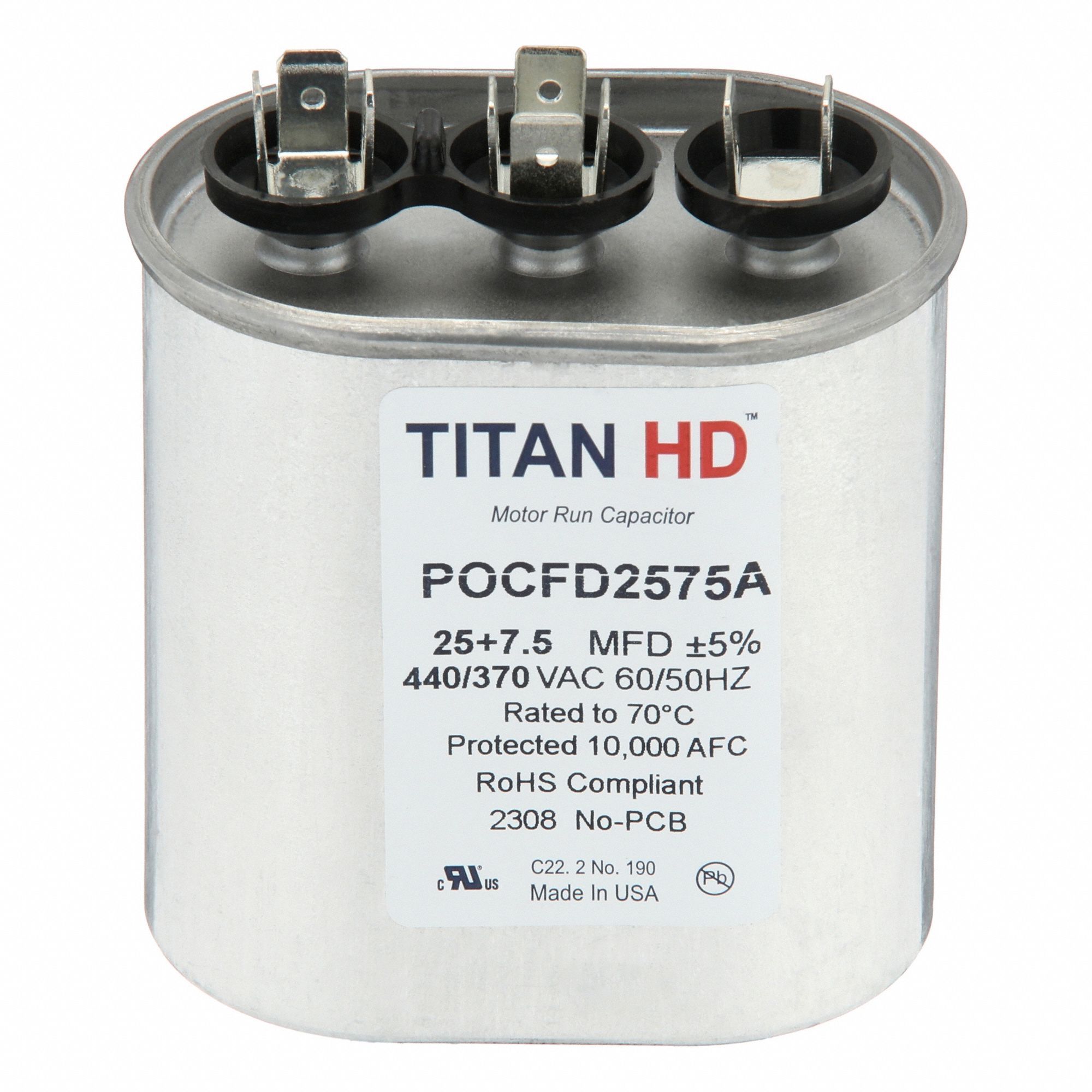 Motor Dual Run Capacitor: Oval, 440V AC, 25/7 MFD, 3 13/32 in Overall Ht, Aluminum