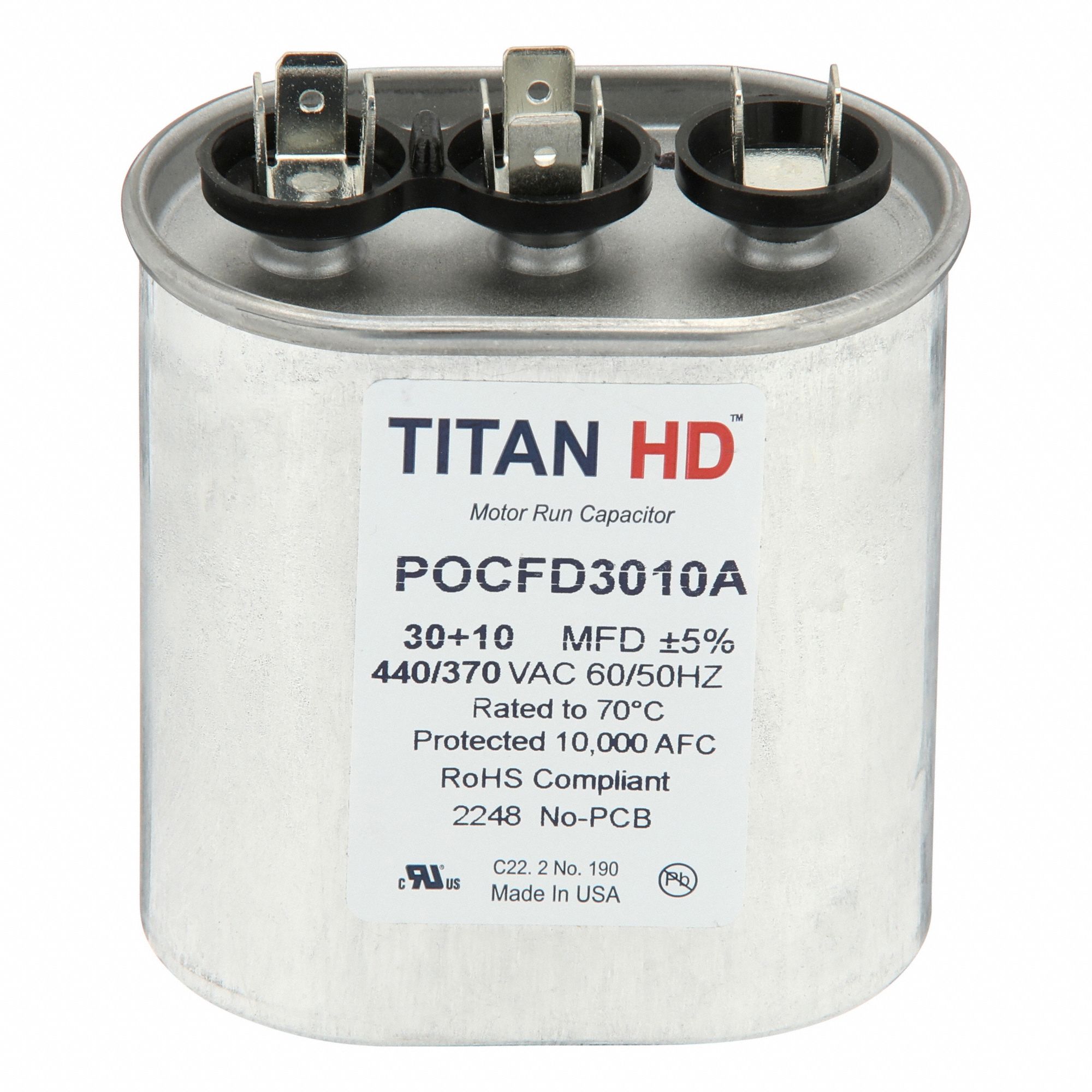 Motor Dual Run Capacitor: Oval, 440V AC, 30/10 MFD, 3 13/32 in Overall Ht, Aluminum