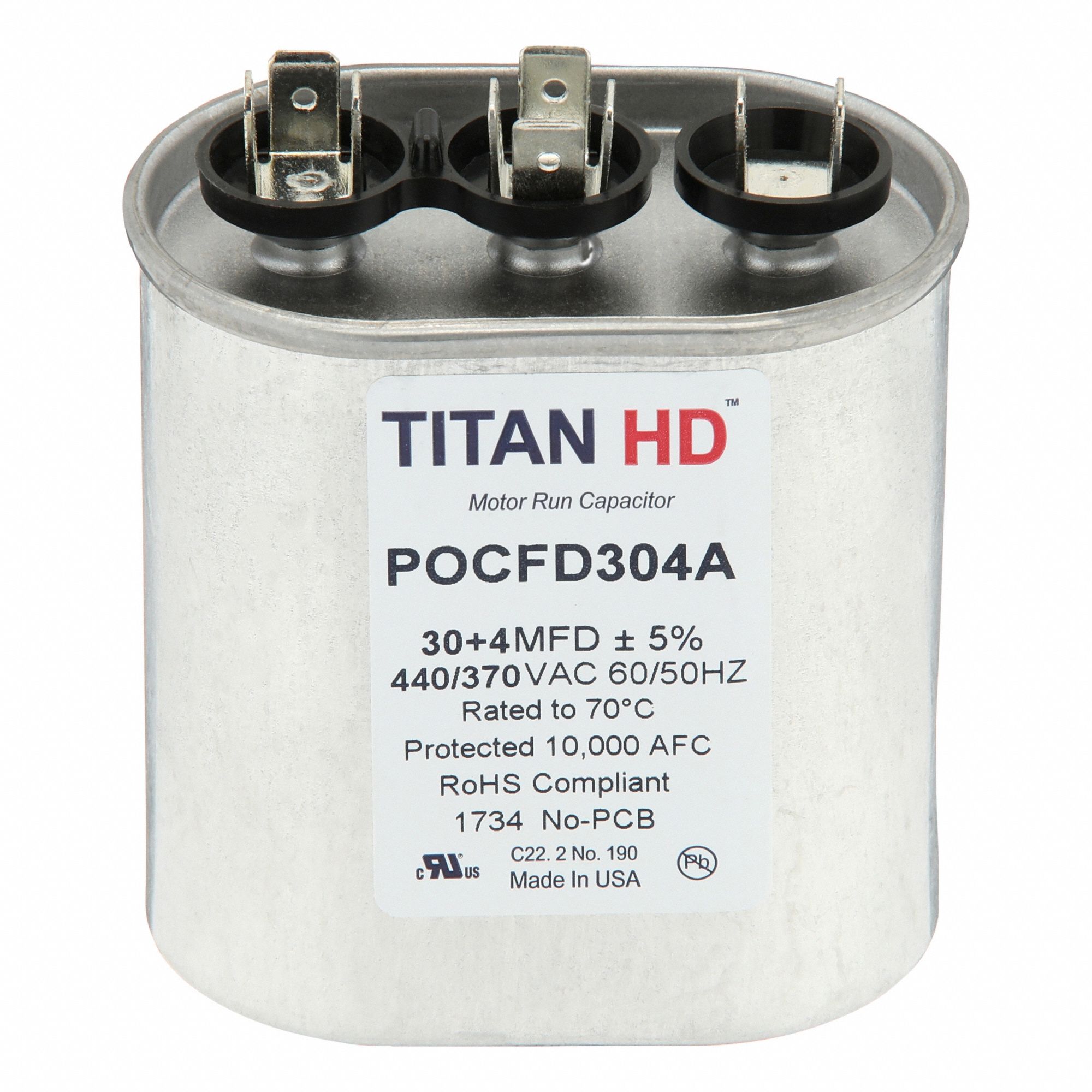 Motor Dual Run Capacitor: Oval, 440V AC, 30/4 MFD, 3 13/32 in Overall Ht, Aluminum