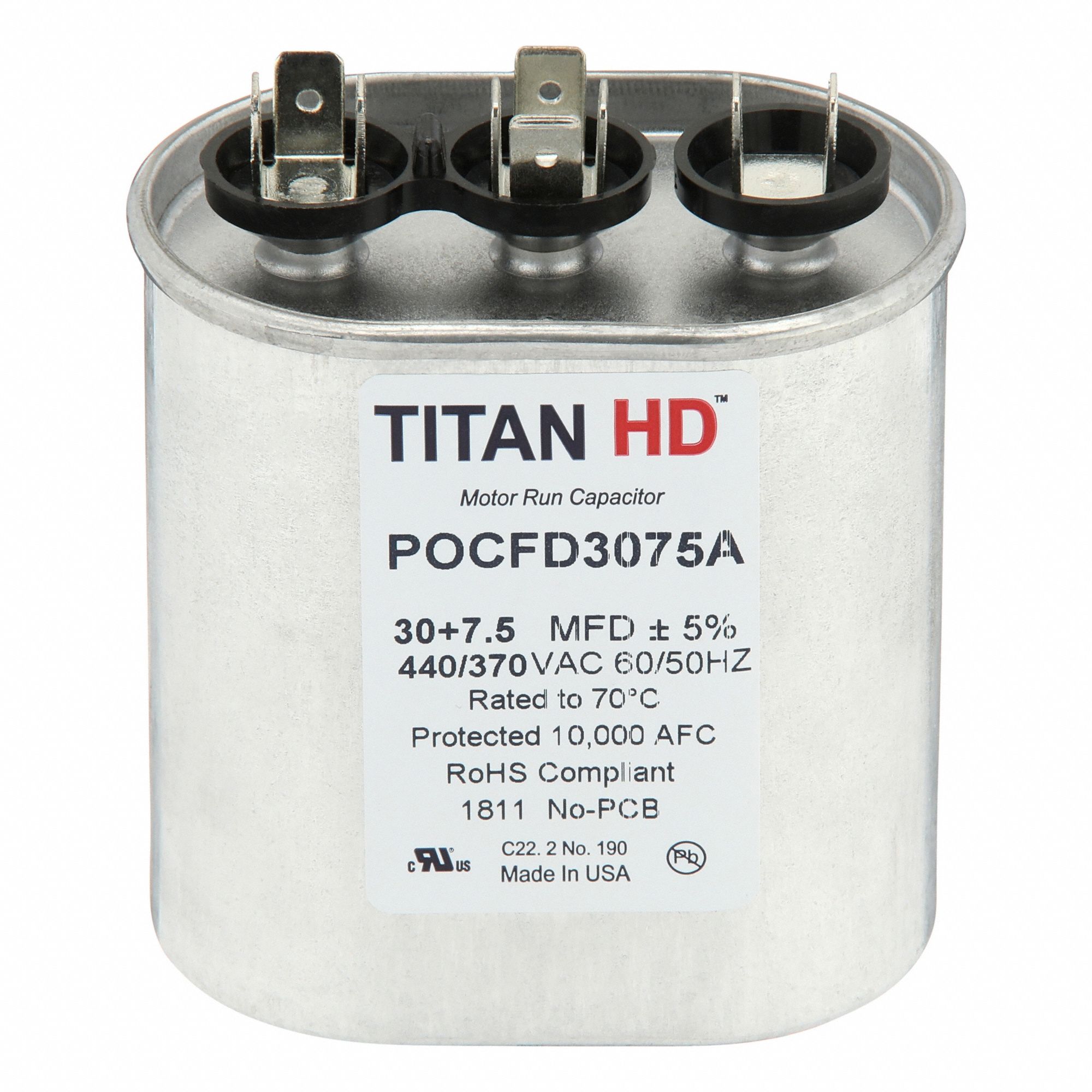 Motor Dual Run Capacitor: Oval, 440V AC, 30/7 MFD, 3 13/32 in Overall Ht, Aluminum