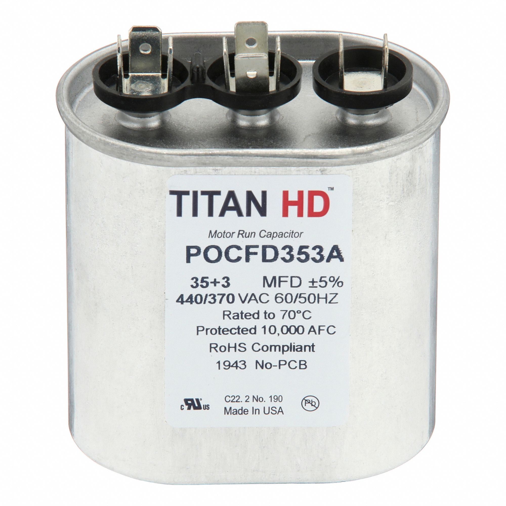 Motor Dual Run Capacitor: Oval, 440V AC, 35/3 MFD, 3 13/32 in Overall Ht, Aluminum