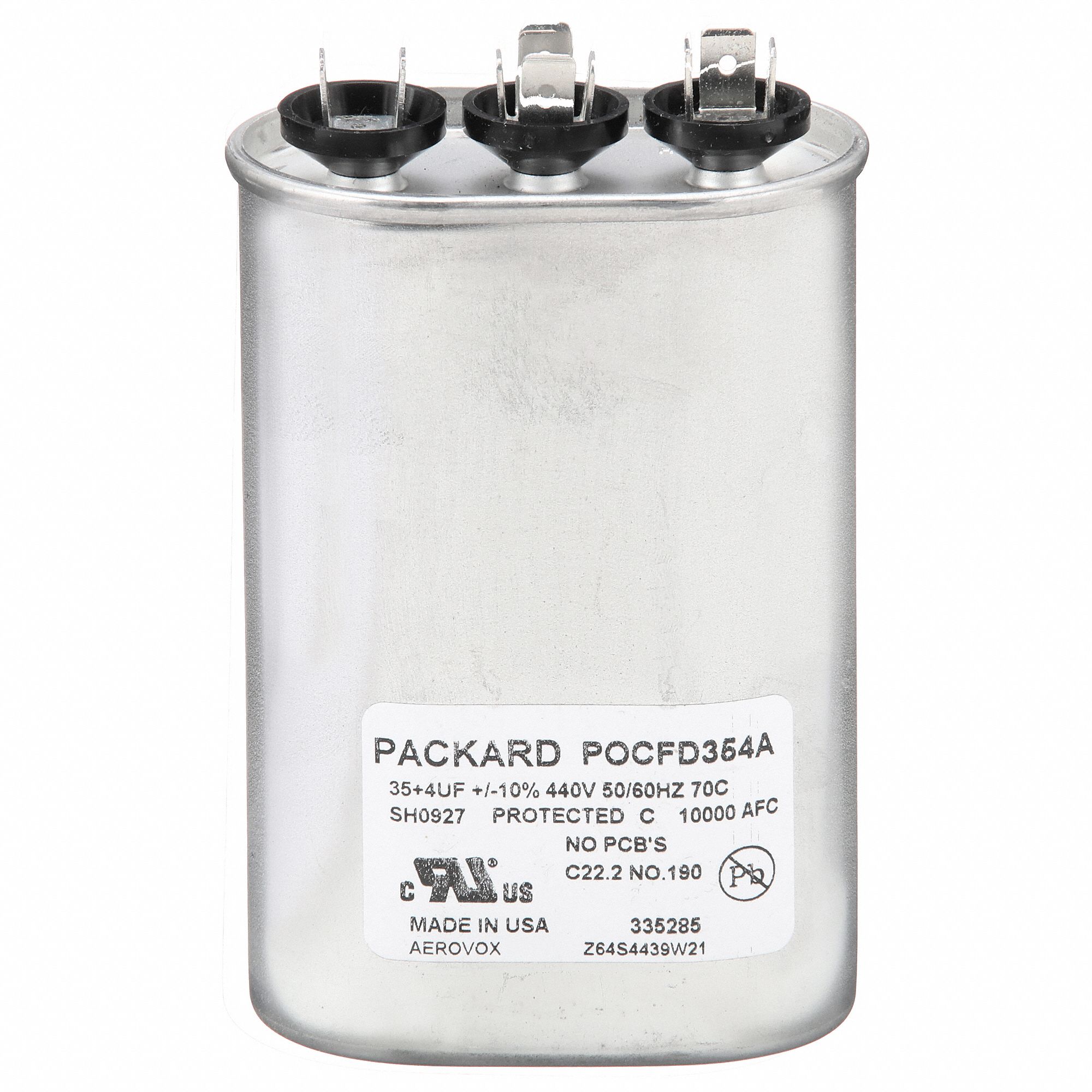 Motor Dual Run Capacitor: Oval, 440V AC, 35/4 MFD, 4 1/4 in Overall Ht, -40°C Op Temp - Min