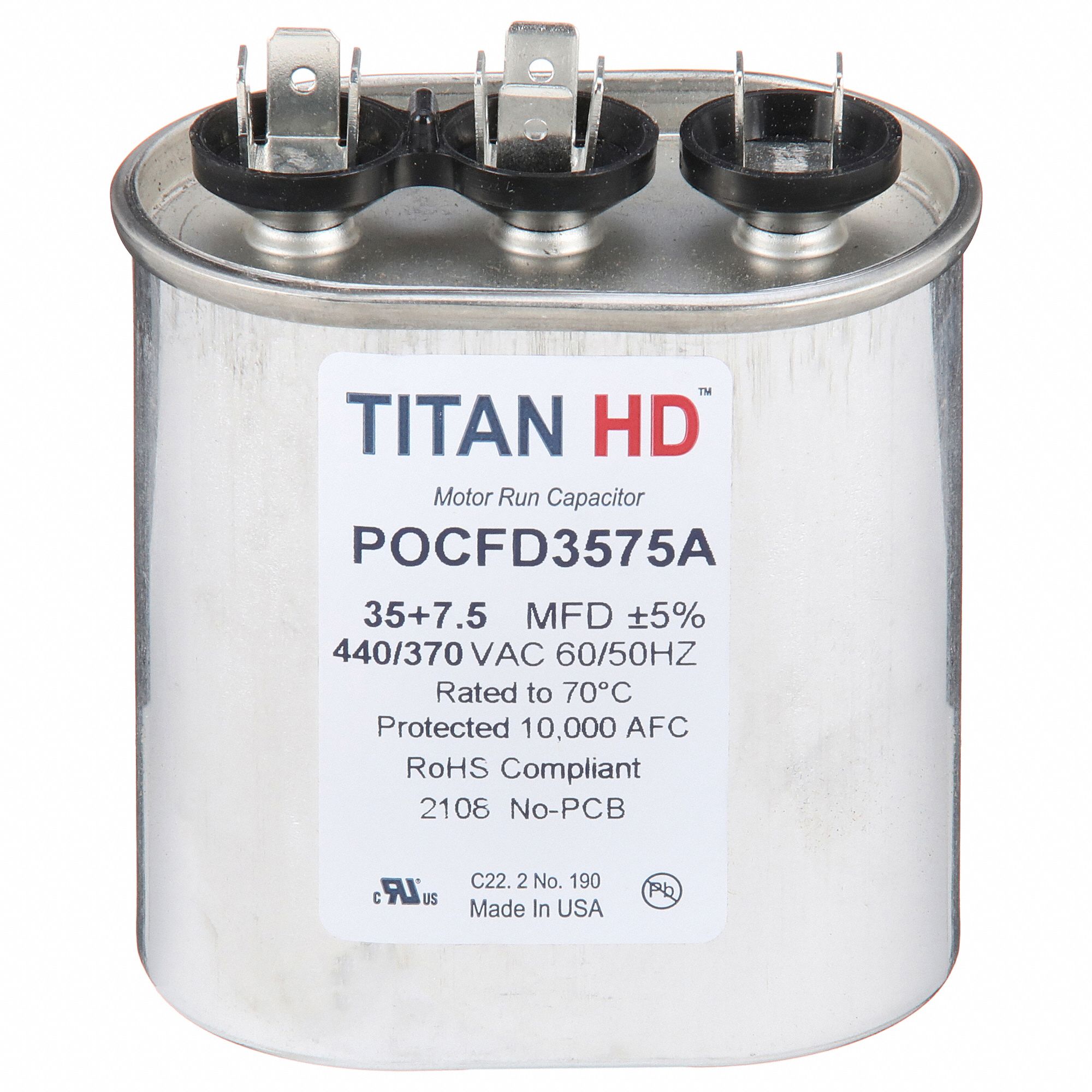 Motor Dual Run Capacitor: Oval, 440V AC, 35/7 MFD, 3 13/32 in Overall Ht, Aluminum