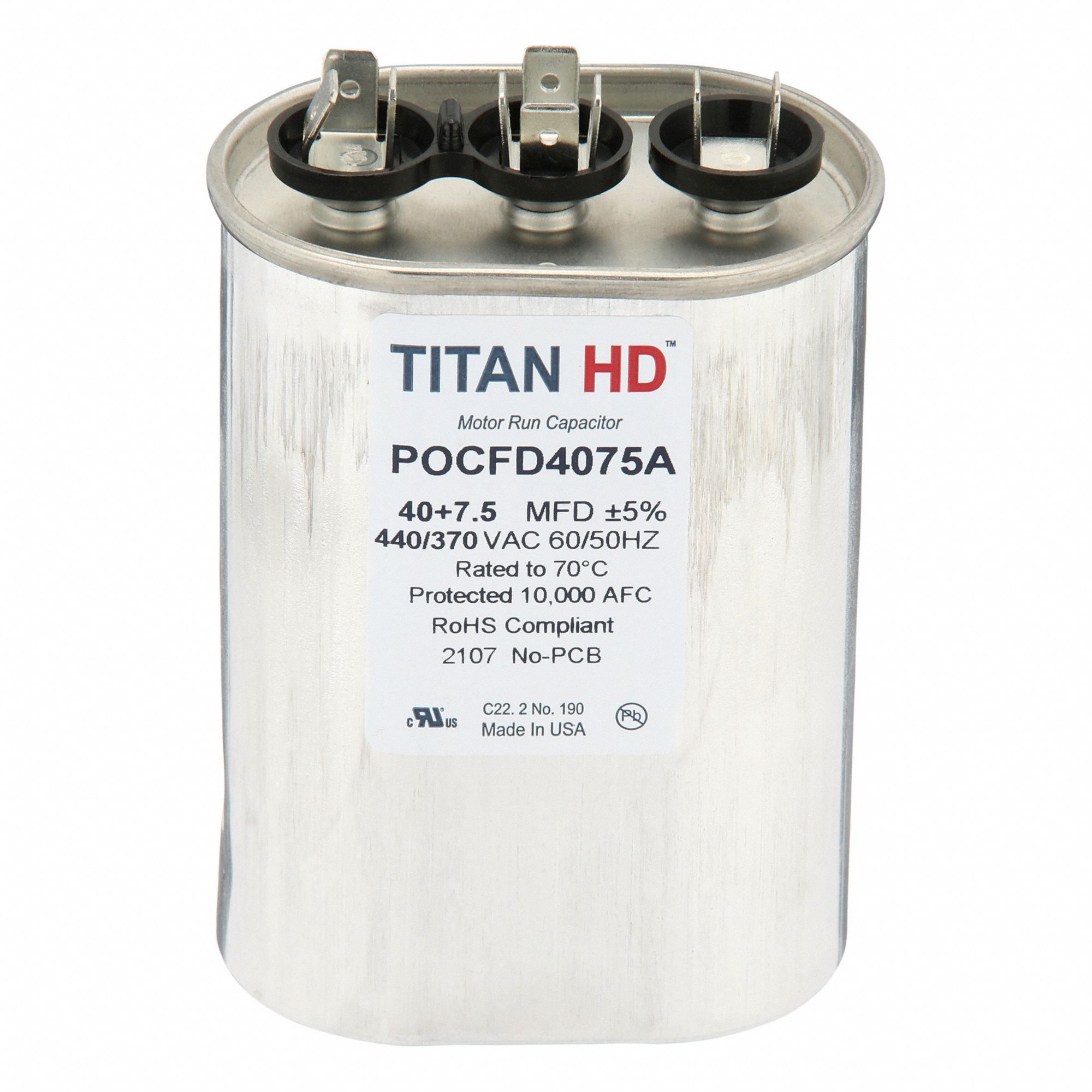 Motor Dual Run Capacitor: Oval, 440V AC, 40/7 MFD, 4 13/32 in Overall Ht, Aluminum