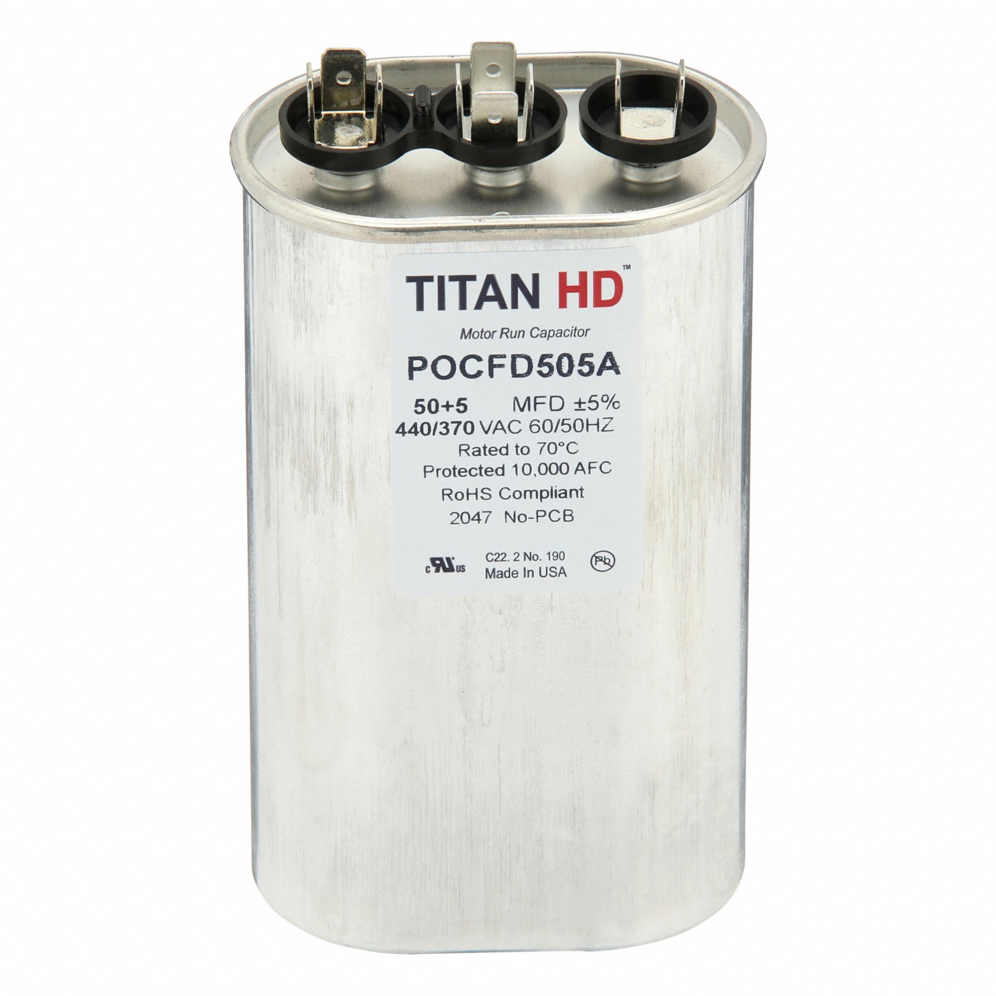 Motor Dual Run Capacitor: Oval, 440V AC, 50/5 MFD, 5 1/4 in Overall Ht, -40°C Op Temp - Min