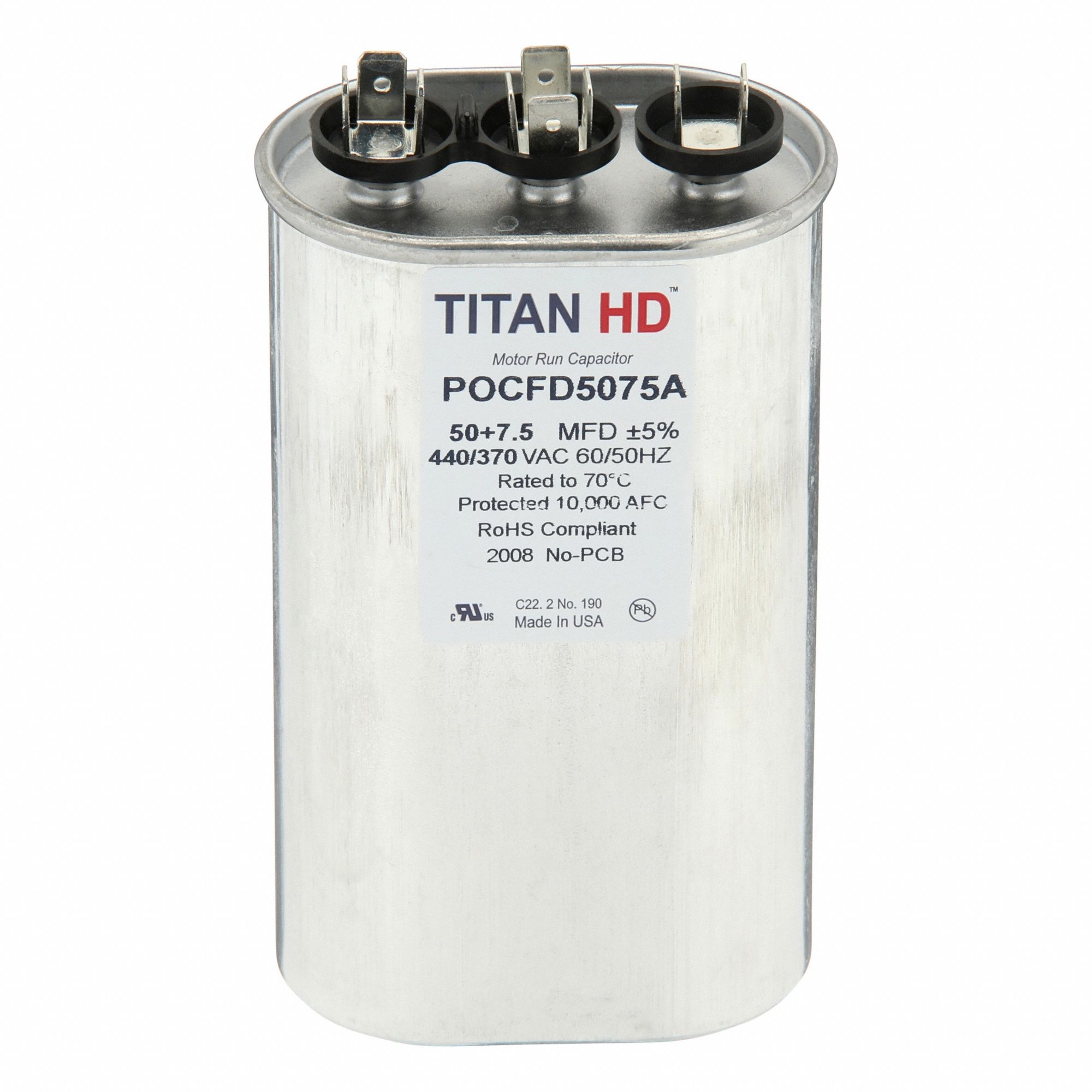 Motor Dual Run Capacitor: Oval, 440V AC, 50/7 MFD, 5 1/4 in Overall Ht, -40°C Op Temp - Min