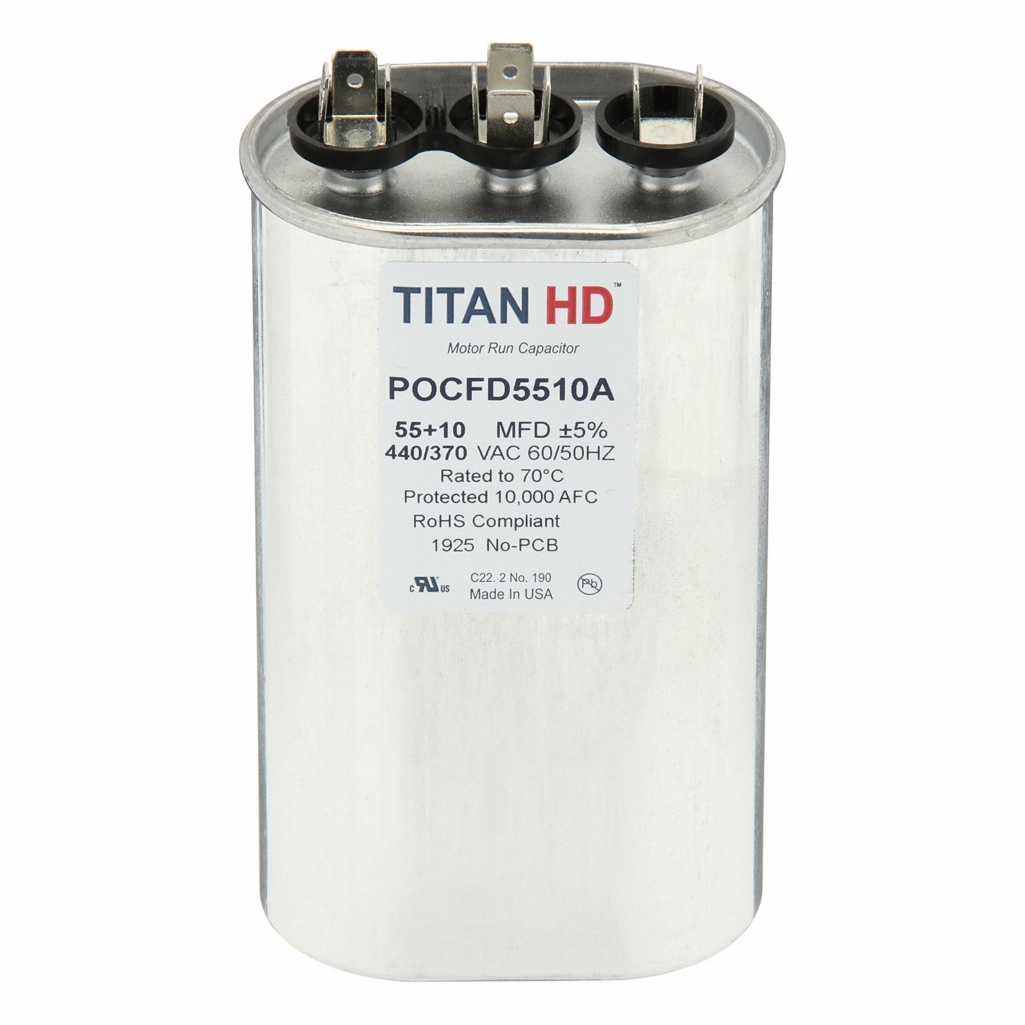 Motor Dual Run Capacitor: Oval, 440V AC, 55/10 MFD, 5 1/4 in Overall Ht, 70°C Op Temp - Max