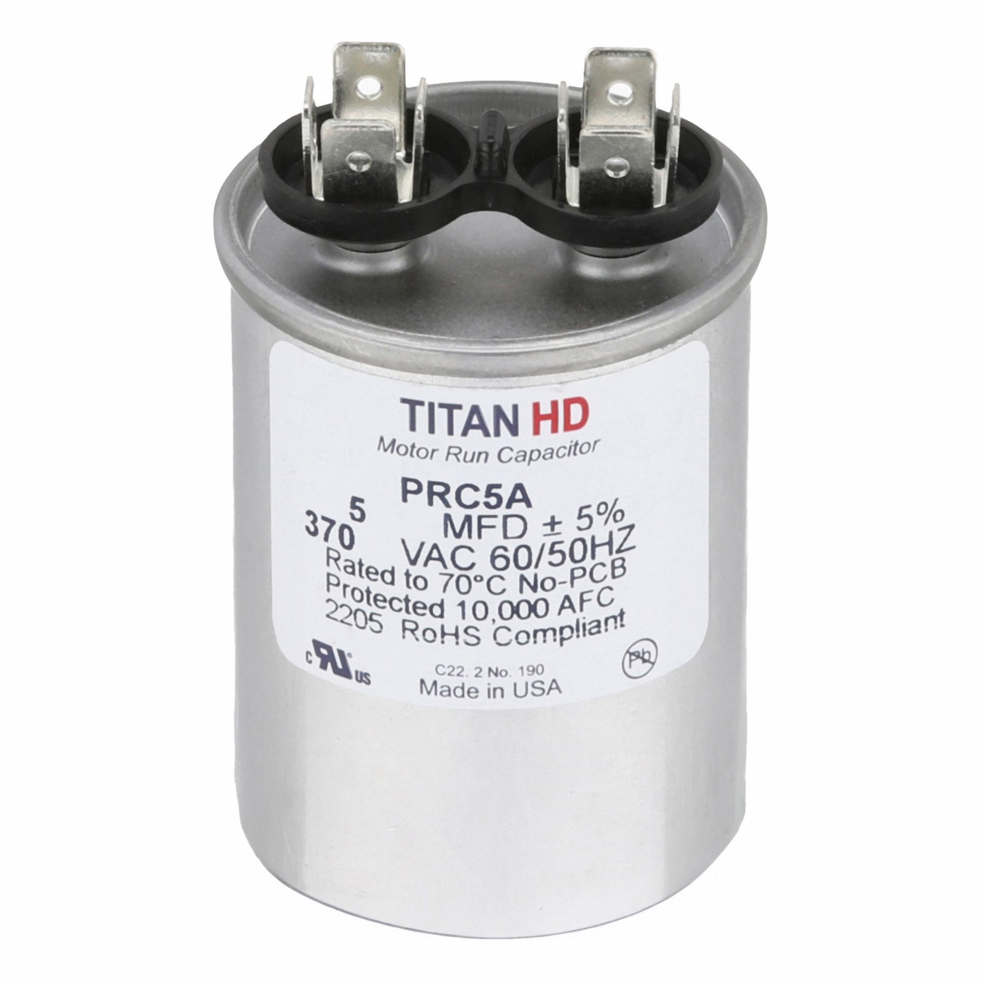 Motor Run Capacitor: Round, 370V AC, 5 MFD, 1 3/4 in Overall Dia, -40°C Op Temp - Min