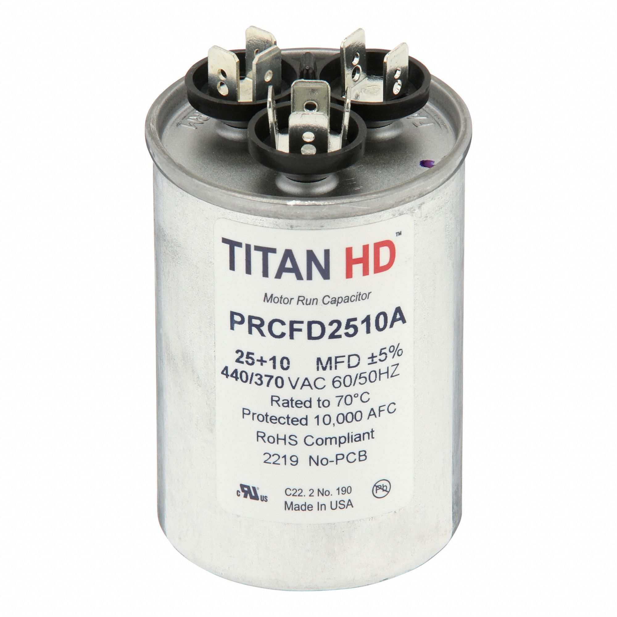 Motor Dual Run Capacitor: Round, 440V AC, 25/10 MFD, 2 in Overall Dia, -40°C Op Temp - Min