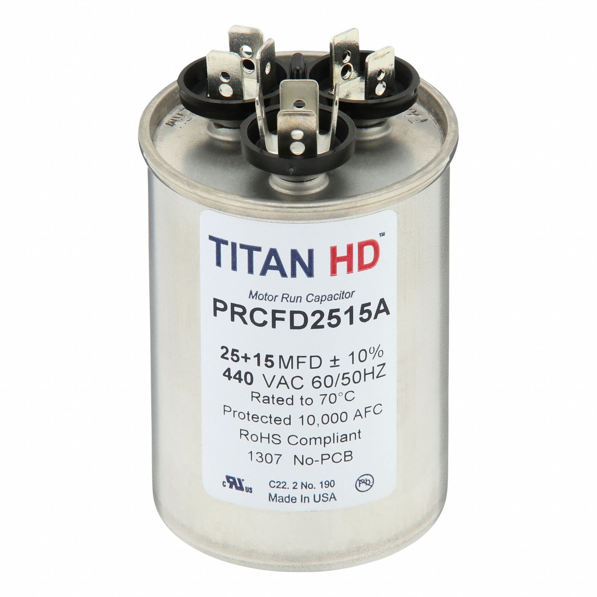 Motor Dual Run Capacitor: Round, 440V AC, 25/15 MFD, 2 in Overall Dia, -40°C Op Temp - Min