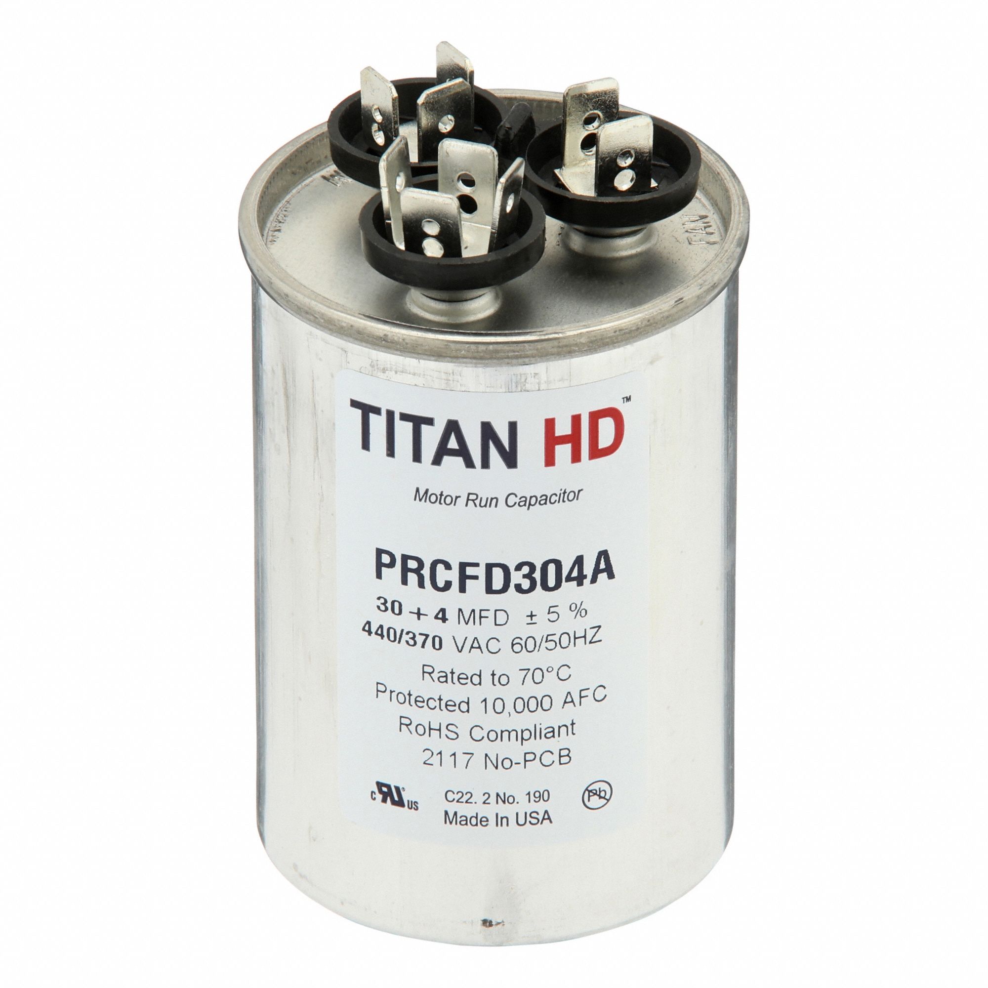 Motor Dual Run Capacitor: Round, 440V AC, 30/4 MFD, 2 in Overall Dia, 3 13/32 in Overall Ht