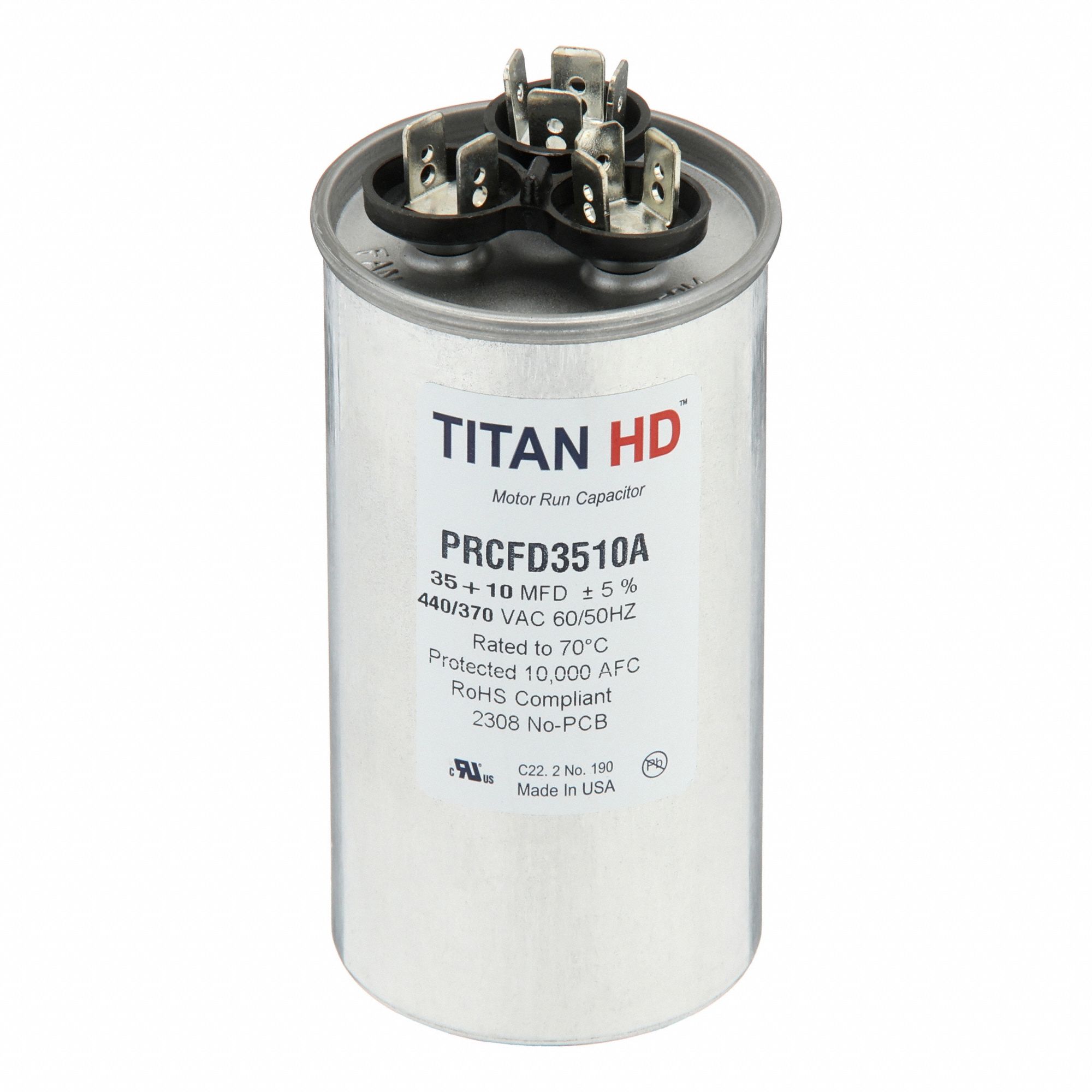Motor Dual Run Capacitor: Round, 440V AC, 35/10 MFD, 2 in Overall Dia, -40°C Op Temp - Min