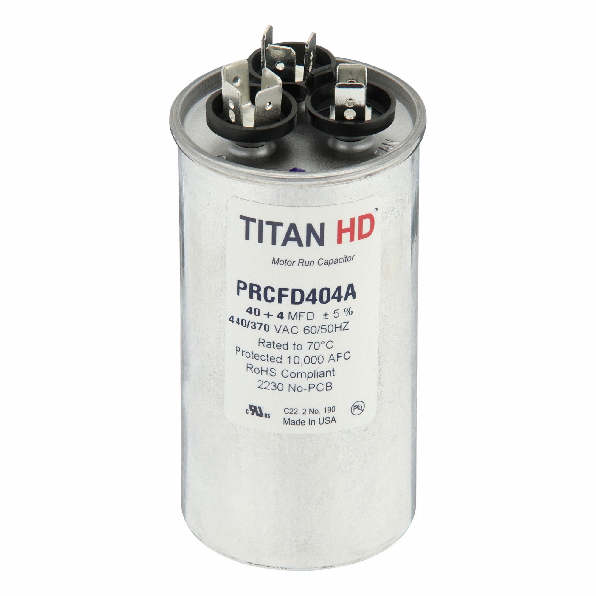 Motor Dual Run Capacitor: Round, 440V AC, 40/4 MFD, 2 in Overall Dia, 4 11/32 in Overall Ht