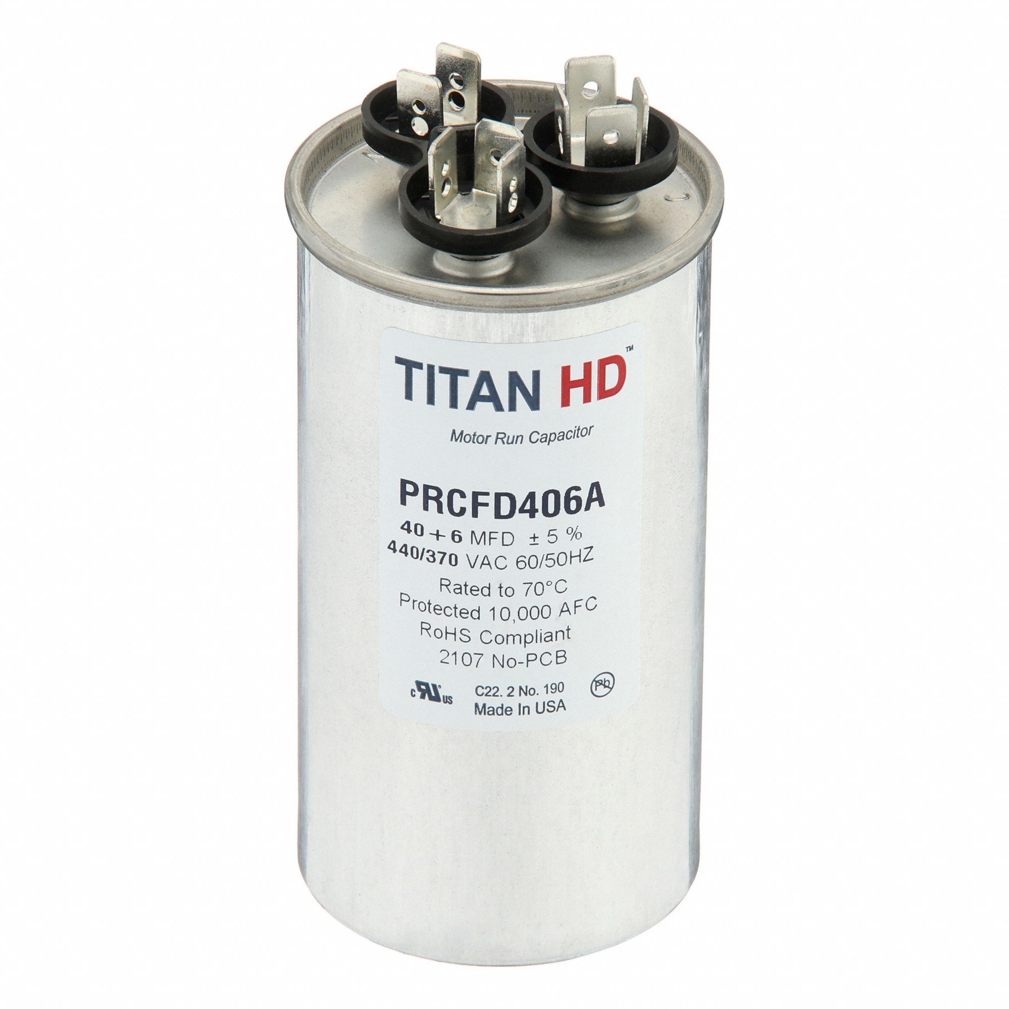 Motor Dual Run Capacitor: Round, 440V AC, 40/6 MFD, 2 in Overall Dia, 4 11/32 in Overall Ht