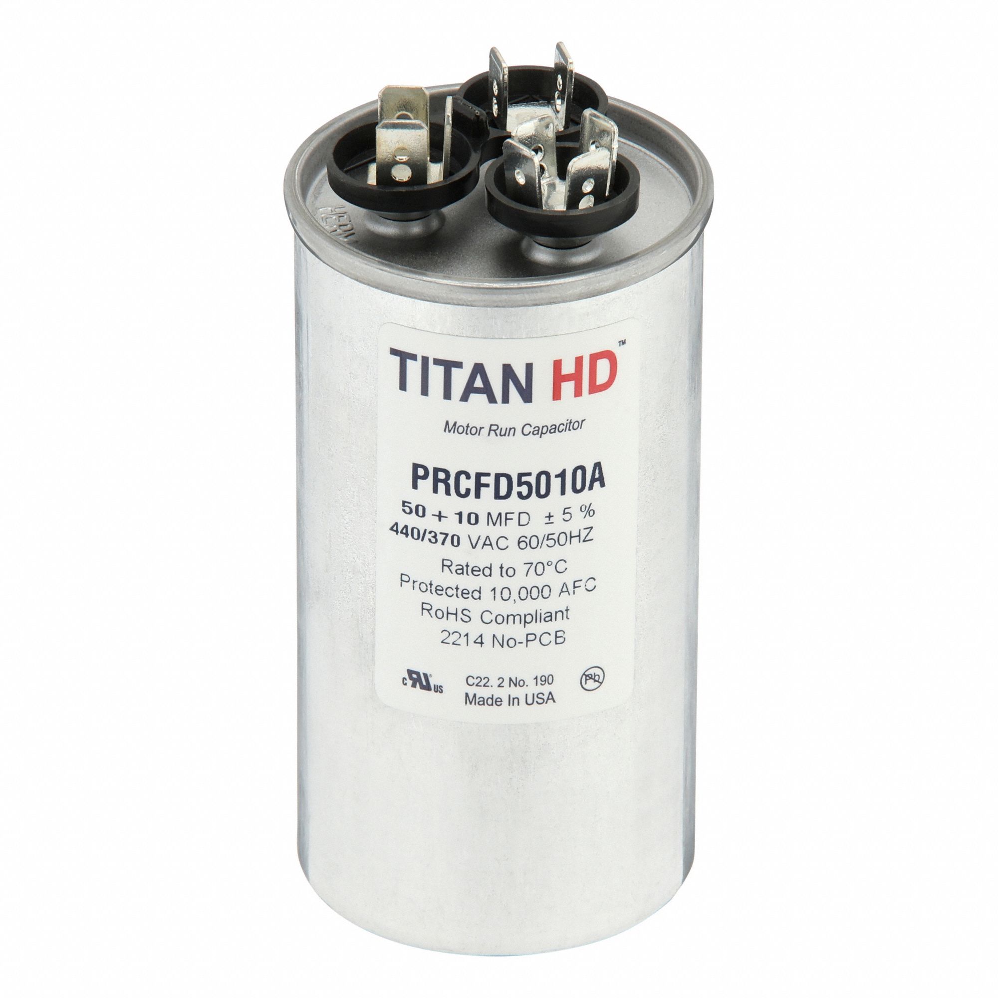 Motor Dual Run Capacitor: Round, 440V AC, 50/10 MFD, 2 in Overall Dia, -40°C Op Temp - Min