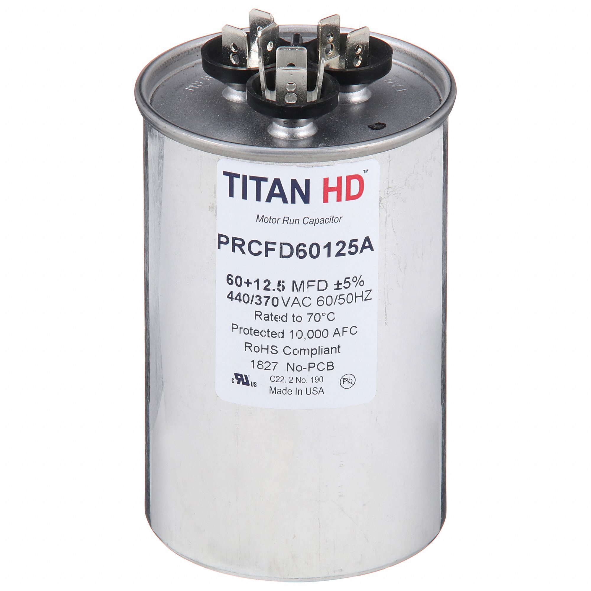 Motor Dual Run Capacitor: Round, 440V AC, 60/12.5 MFD, 2 1/2 in Overall Dia, Aluminum