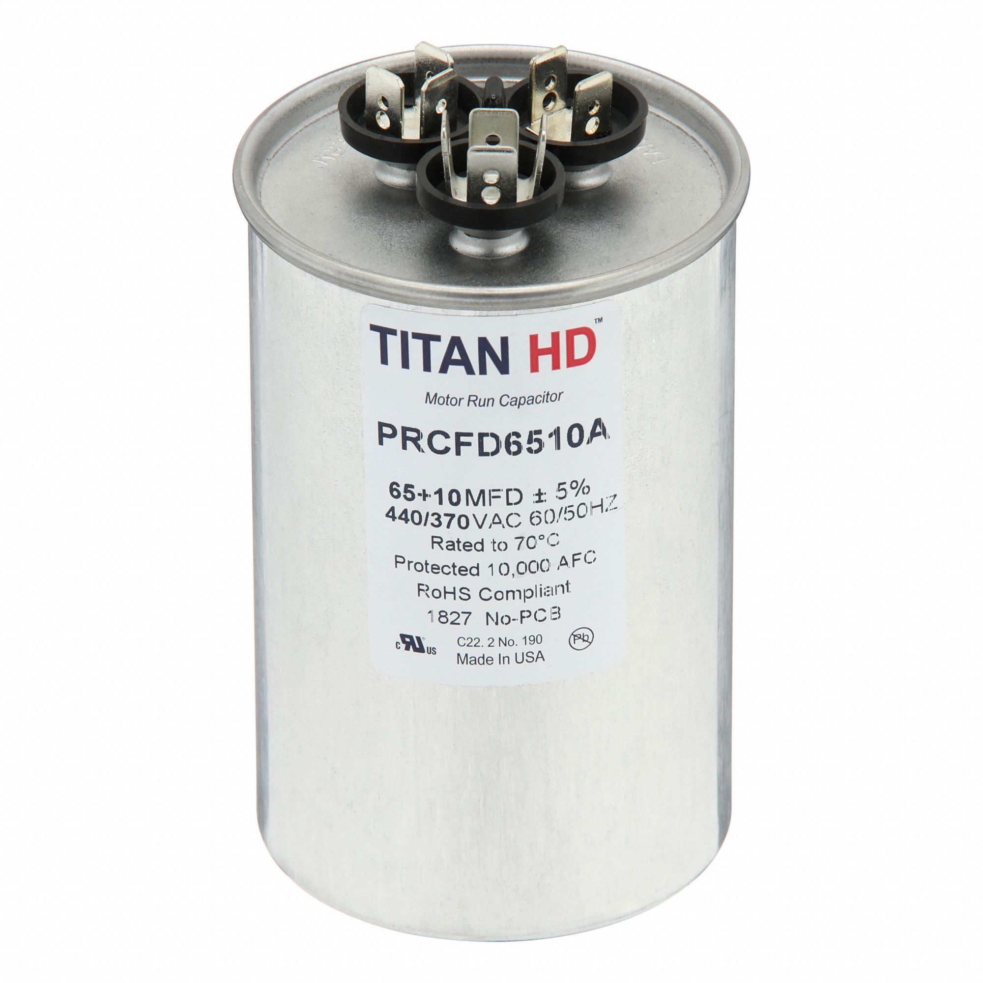 Motor Dual Run Capacitor: Round, 440V AC, 65/10 MFD, 2 1/2 in Overall Dia, Aluminum