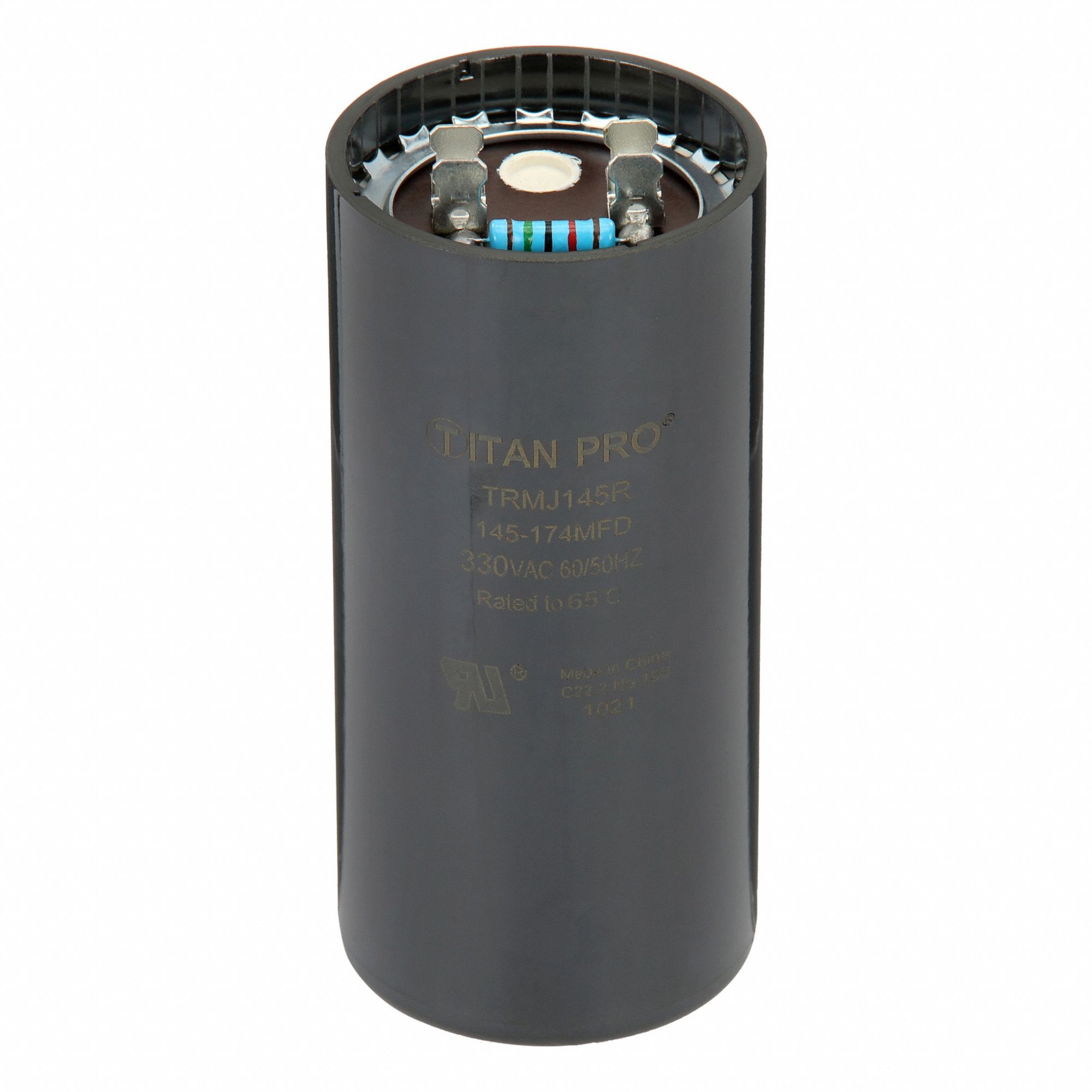 Motor Start Capacitor: Round, 4 3/8 in Case Ht, 2 1/16 in Dia, 330V AC, 145-174 MFD, Plastic