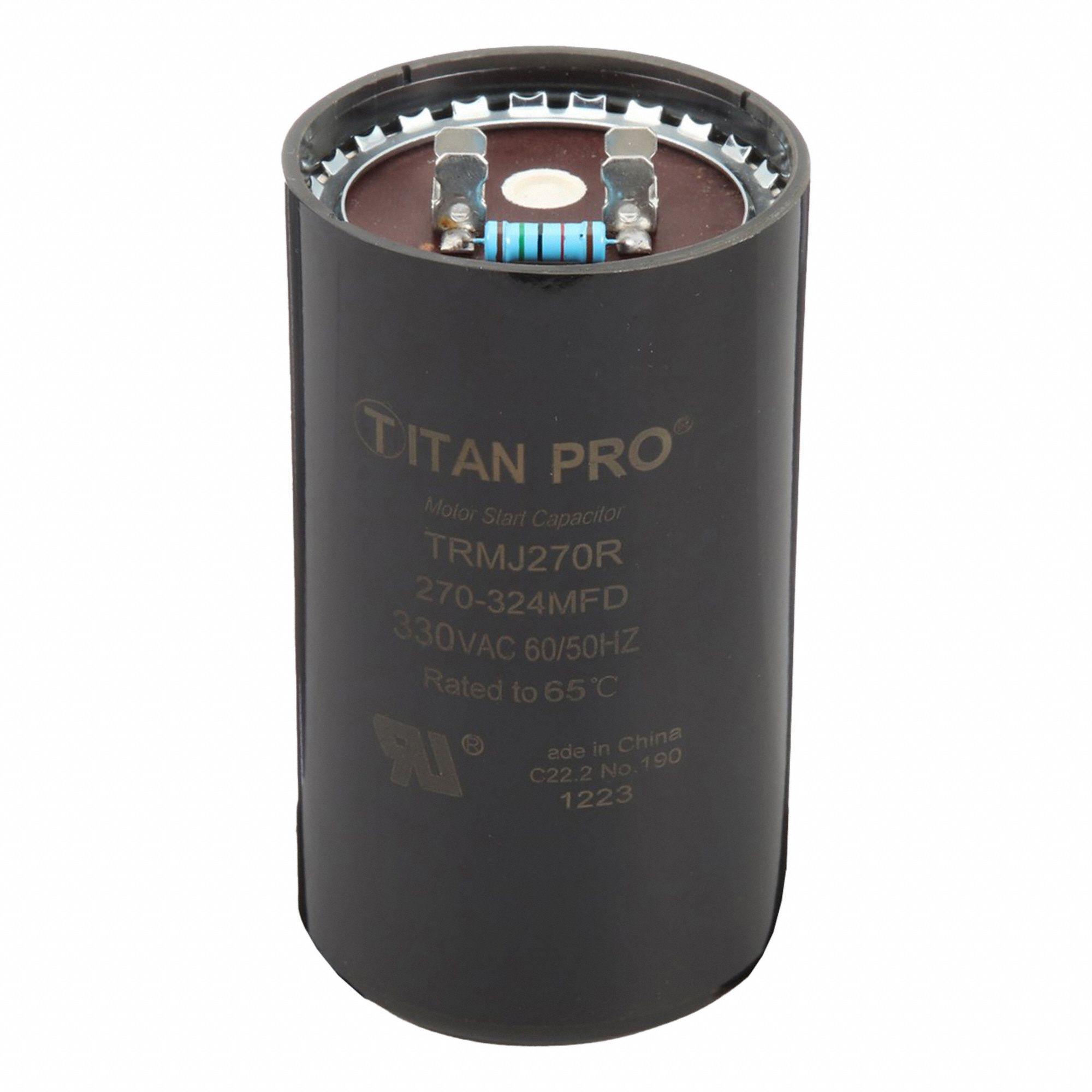 Motor Start Capacitor: Round, 4 3/8 in Case Ht, 2 9/16 in Dia, 330V AC, 270-324 MFD, Plastic