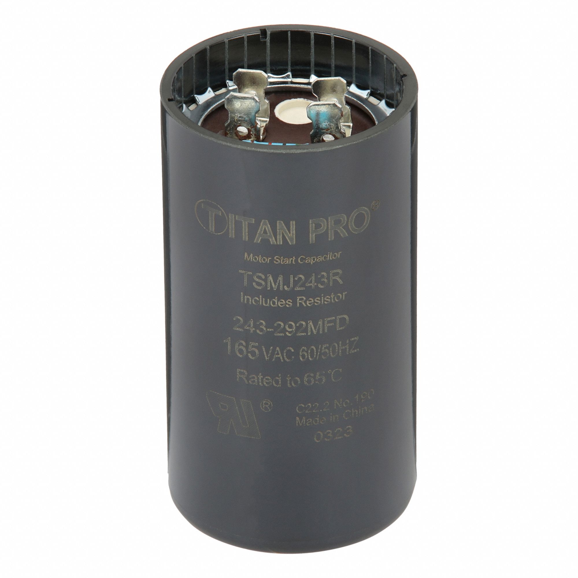 Motor Start Capacitor: Round, 3 3/8 in Case Ht, 1 13/16 in Dia, 165V AC, 243-292 MFD