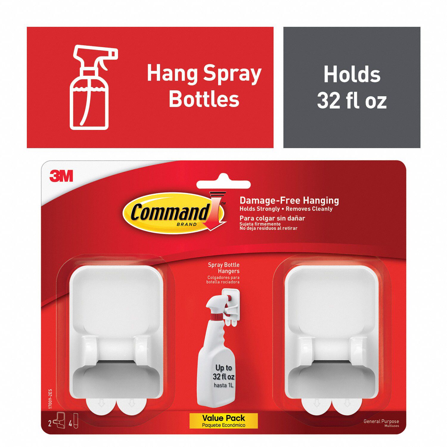 COMMAND, 2 Hooks, Plastic, Spray Bottle Hangers 61UV40170092ES