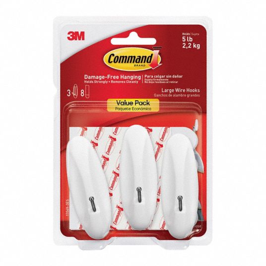 COMMAND, 3 Hooks, Plastic, Large Wire Hook - 61UV41