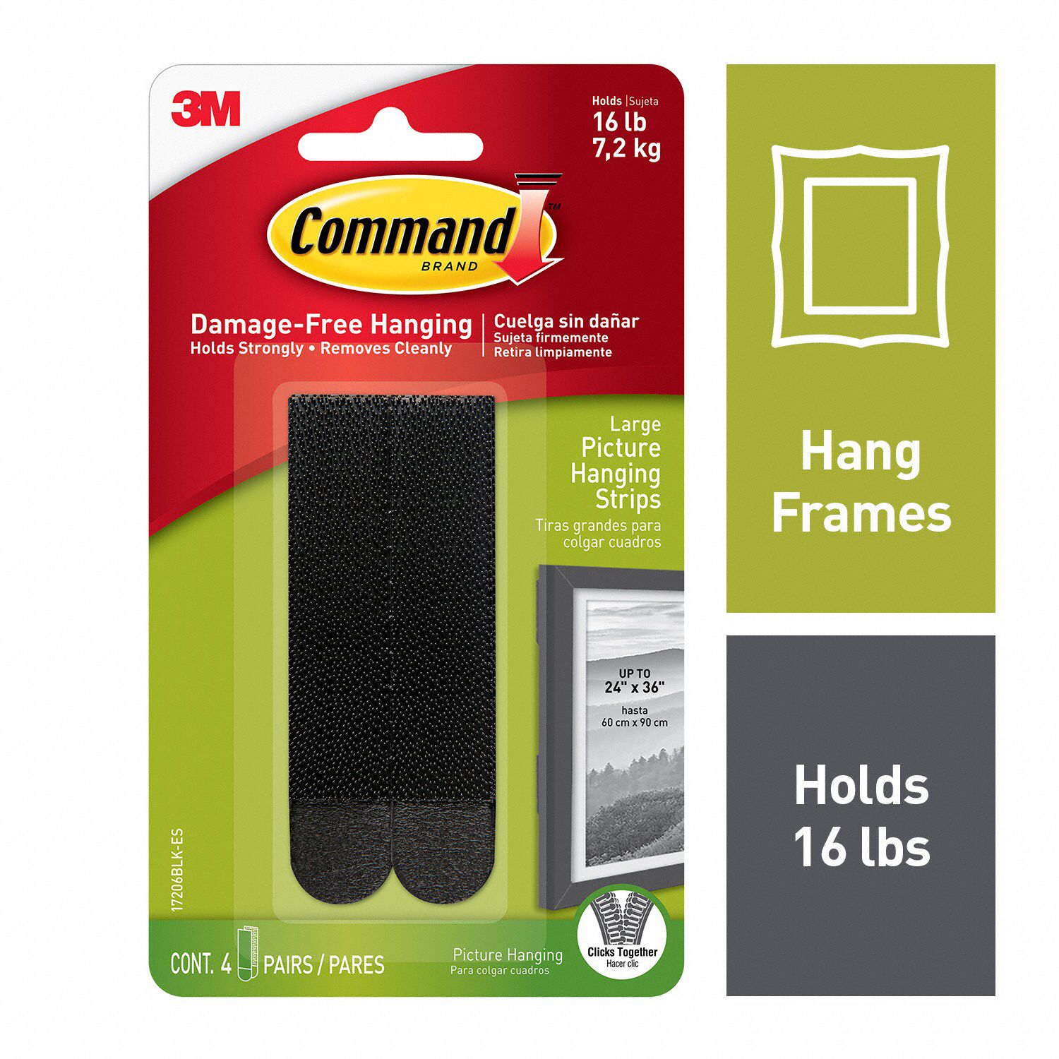COMMAND, 0 Hooks, Foam, Large Black Picture Hanging Strips 61UV59
