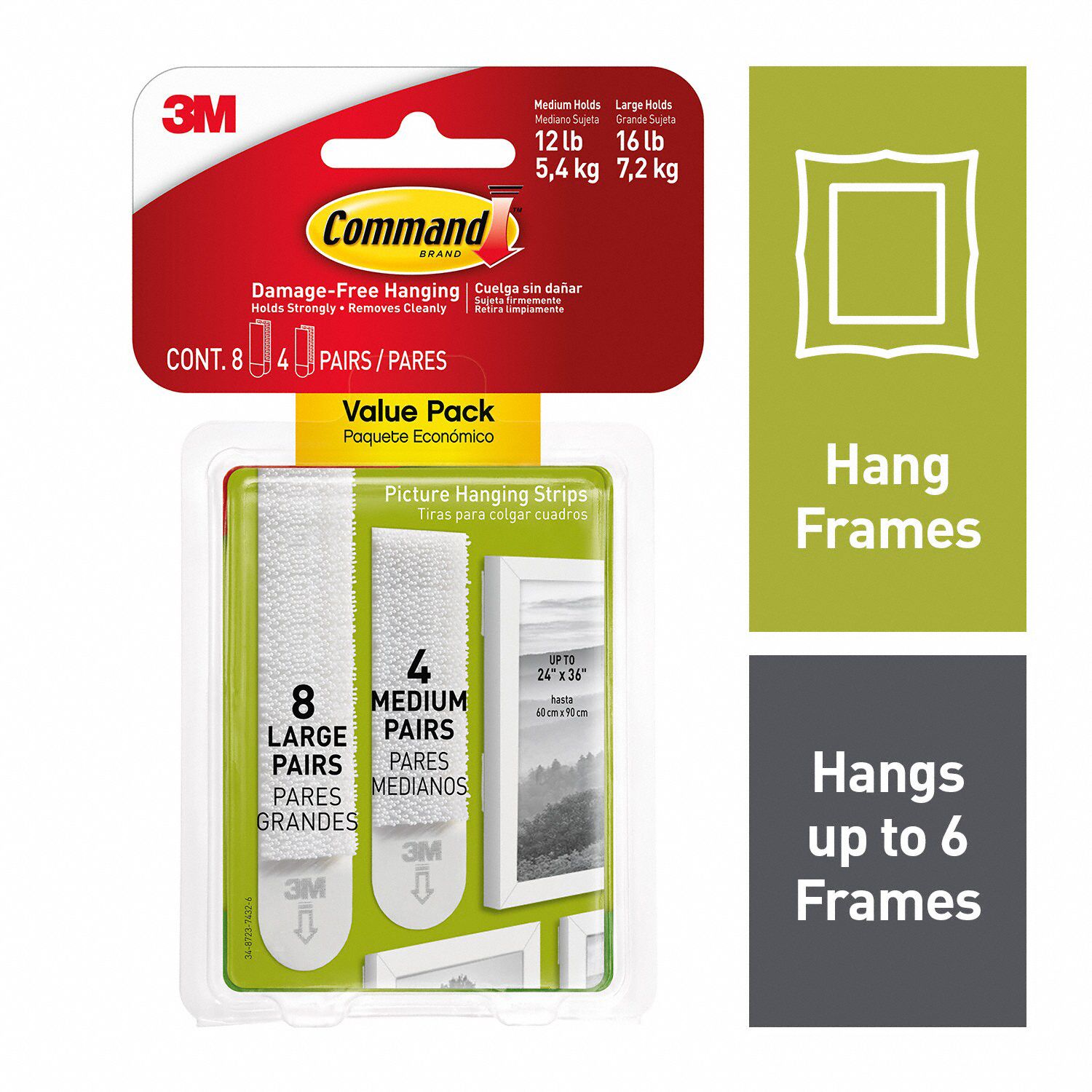 COMMAND, 0 Hooks, Foam, Medium/Large Picture Hanging Strips 61UV63
