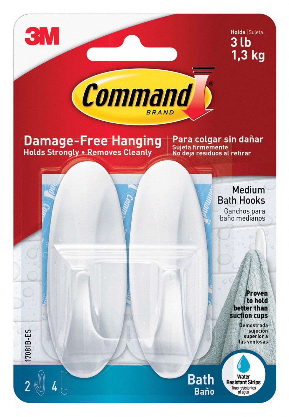 Hook: 3 lb Wt Capacity, 1 Points per Hook, White, 3 5/32 in Overall Ht, 2 PK