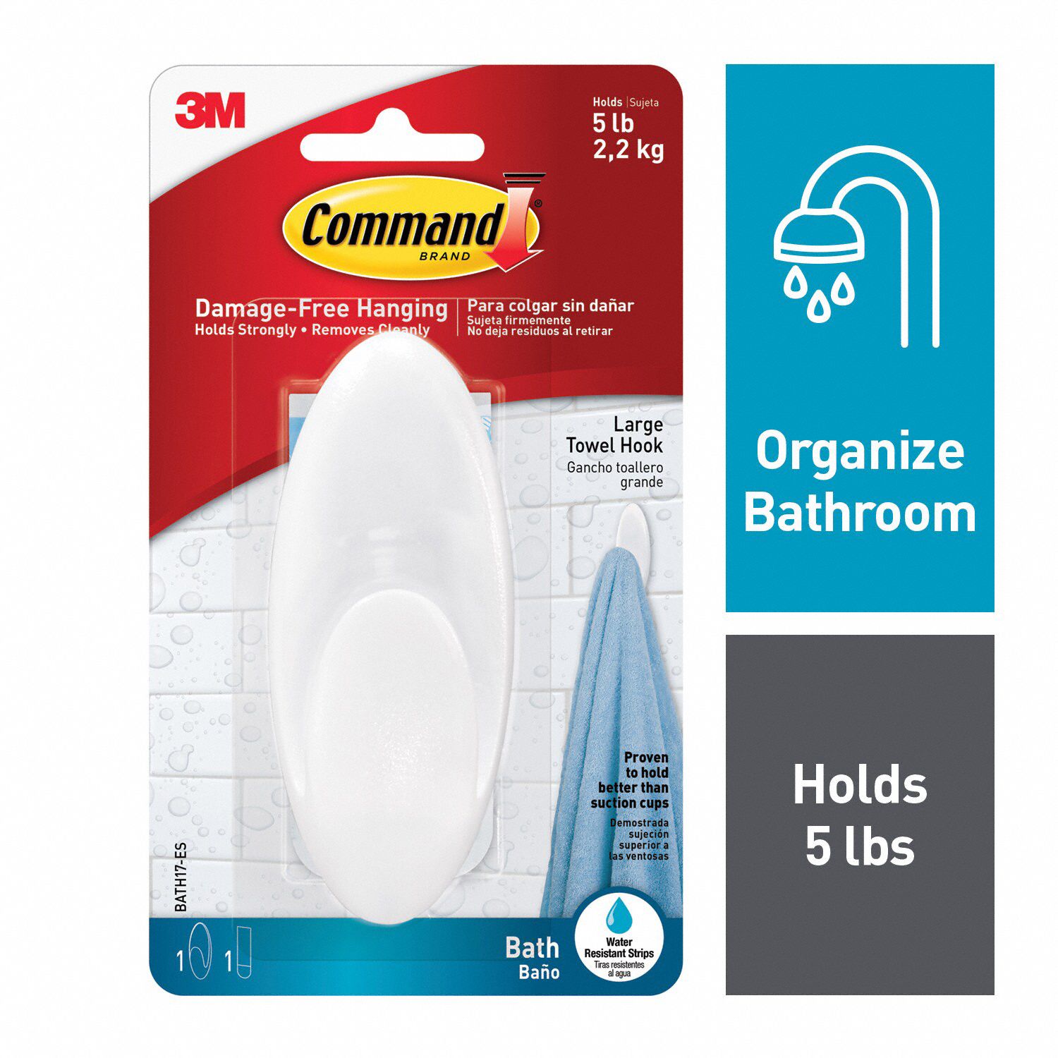 COMMAND, 1 Hooks, Plastic, Large Towel Hook with WaterResistant Strips Clear Frosted 61UV81