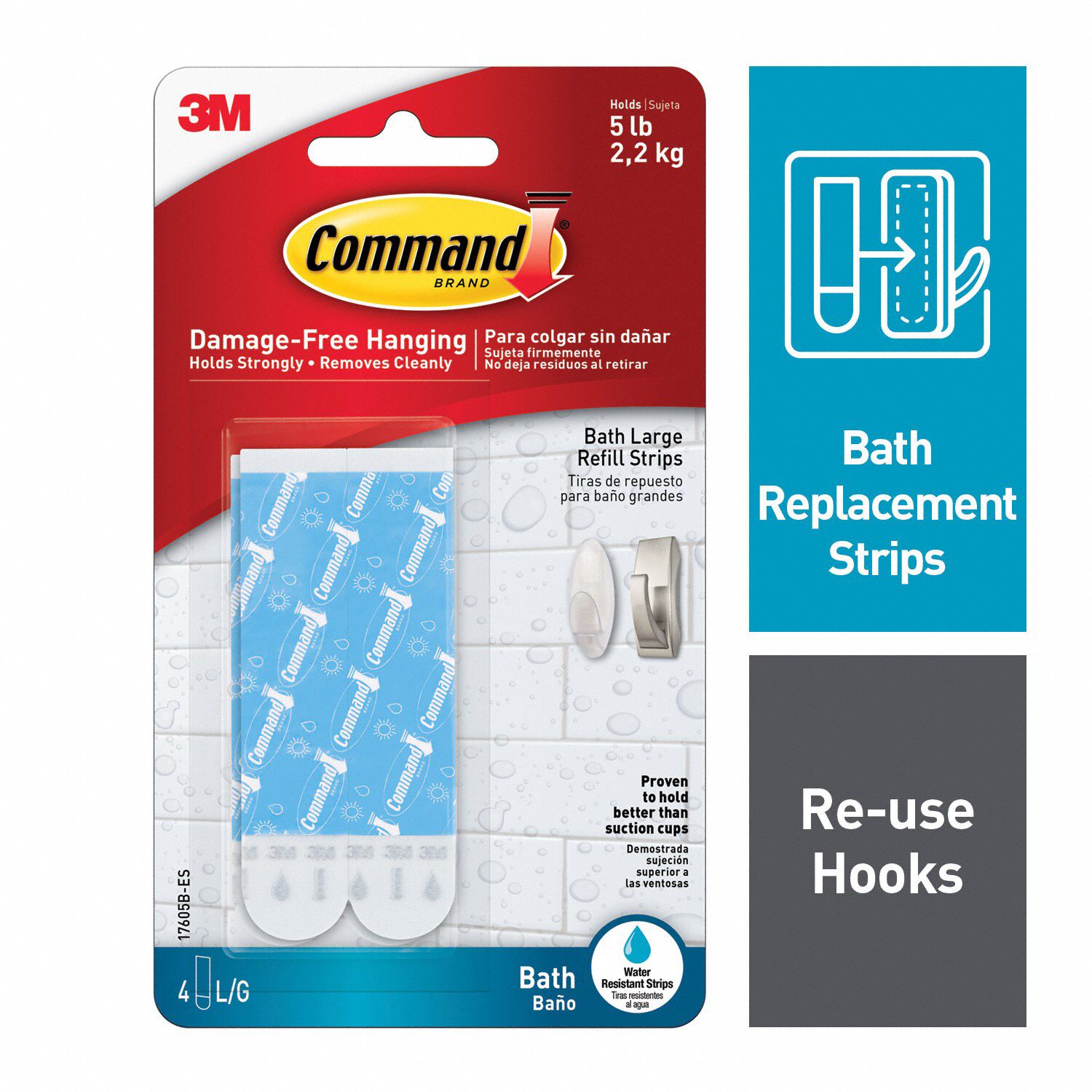 COMMAND, 0 Hooks, Foam, Water Resistant Strips Large Blue 61UV82