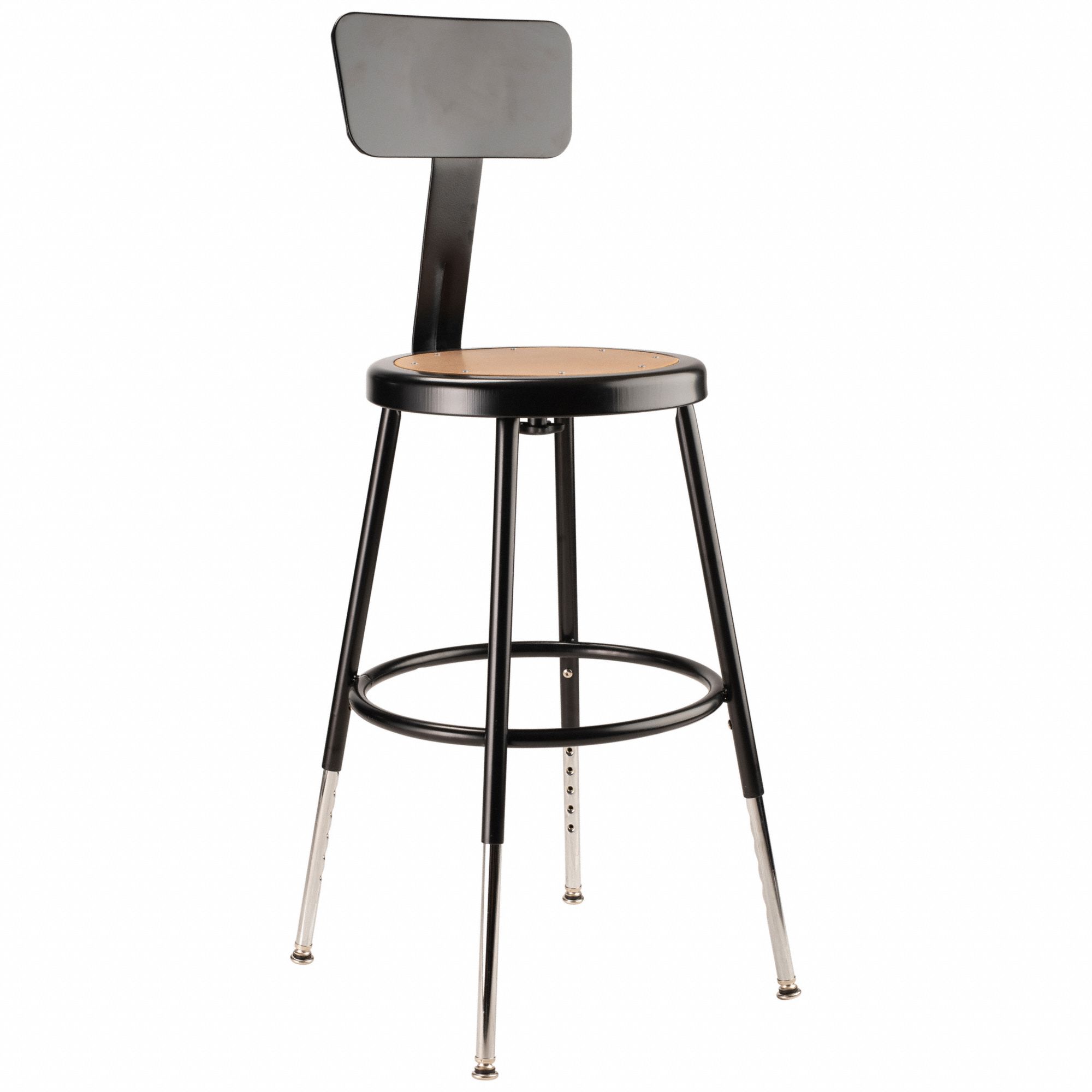 Round Stool: 32 in Overall Ht, Drilled Leg Inserts, 19 in min to 27 in max
