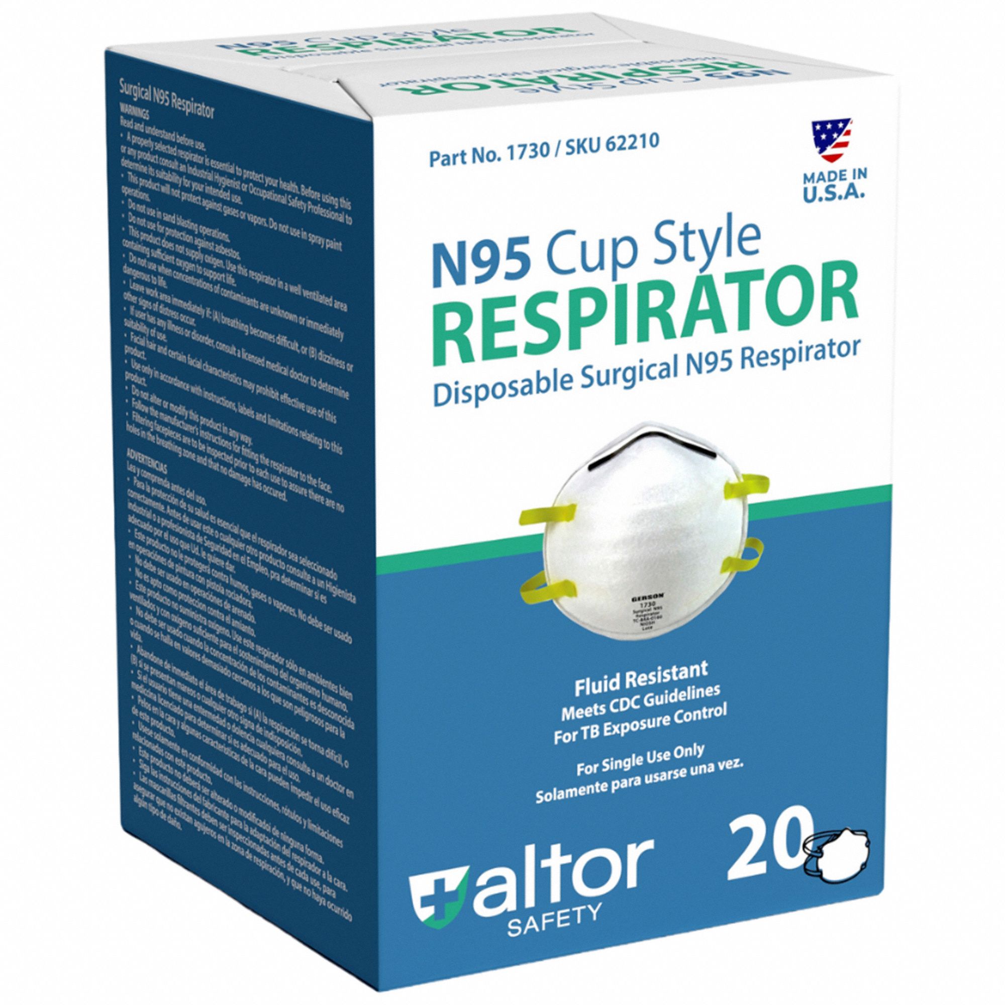 Cup Respirator: Dual, Non-Adj, Molded Nose Clip, Comfort, White, L Mask Size, Altor Safety, 20 PK