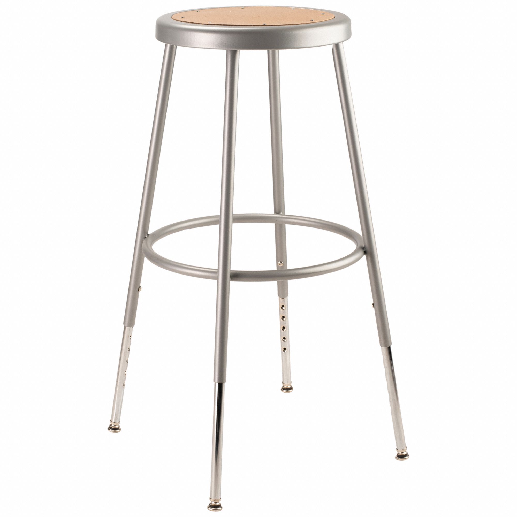 Round Stool: 25 in Overall Ht, Drilled Leg Inserts, 25 in min to 33 in max