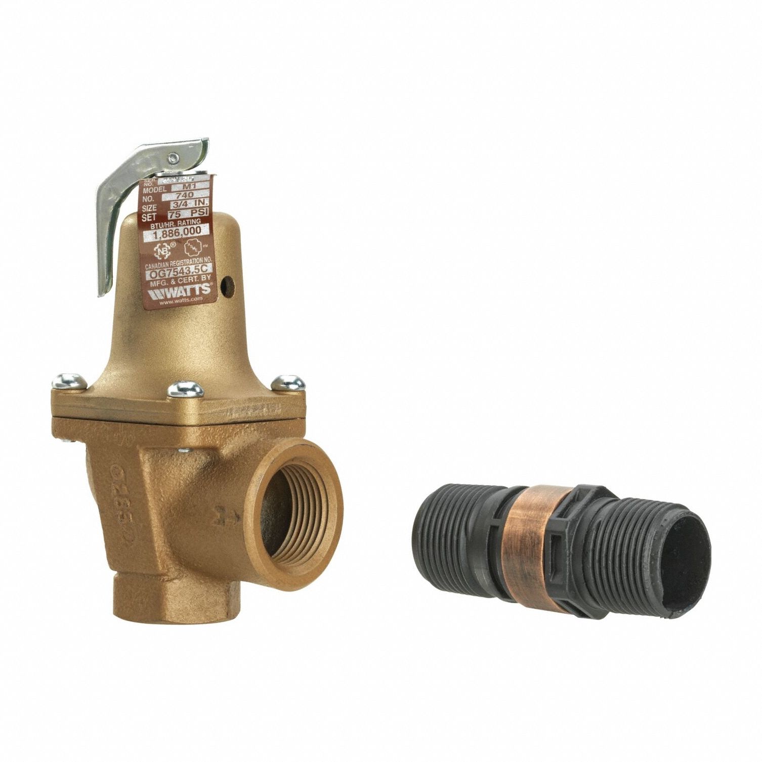 Relief Valve: FNPTF x FNPTF, 3/4 in x 1 in, Iron, 75 psi Max. Op Pressure, 5 5/8 in Overall Ht
