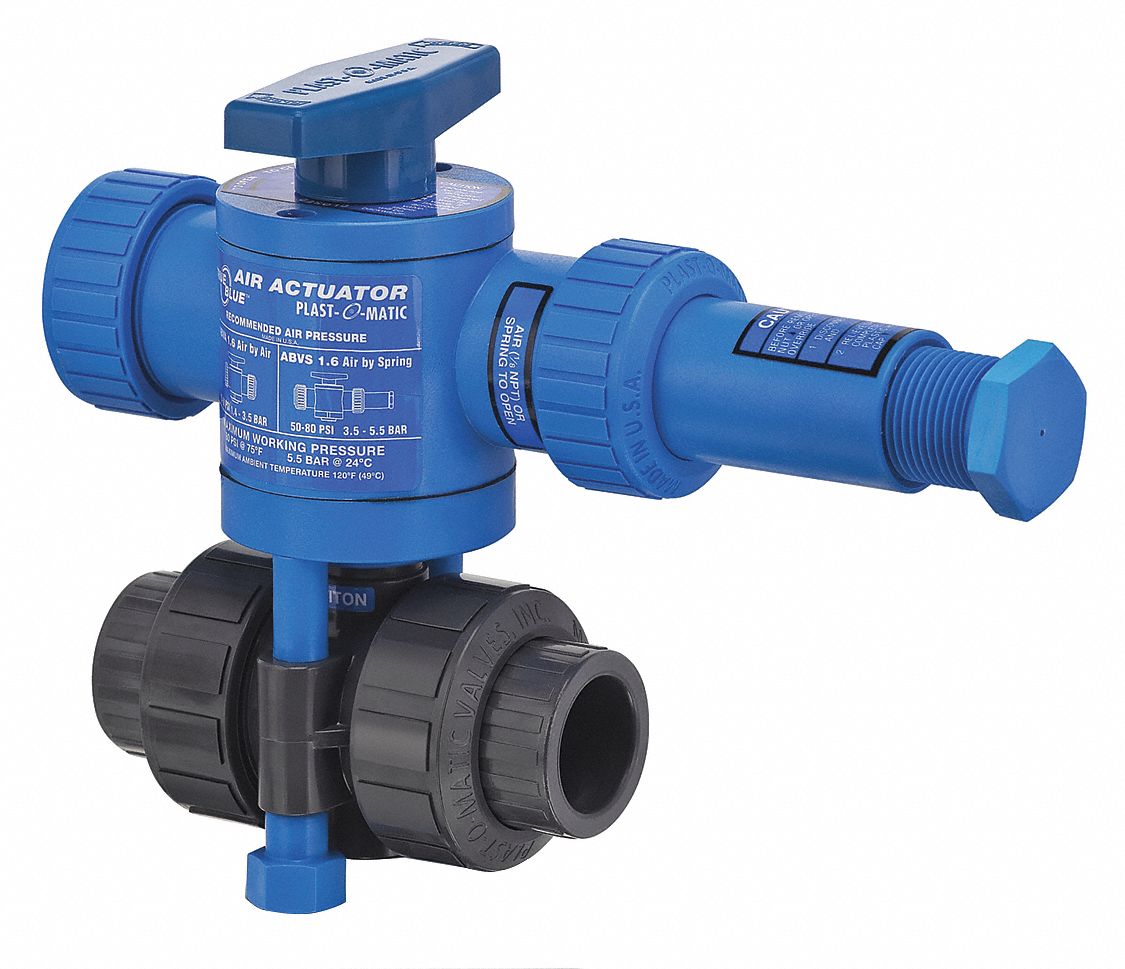 Pneumatically Actuated Two-Way Ball Valve: 1/2 in, PVC, FNPT x FNPT, Three-Piece