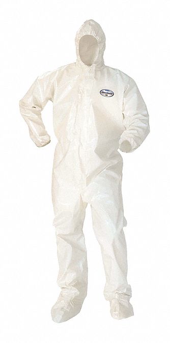 HOODED COVERALLS, WHITE, L, SARANEX 23-P FILM, ELASTIC CUFF W/BOOT COVERS
