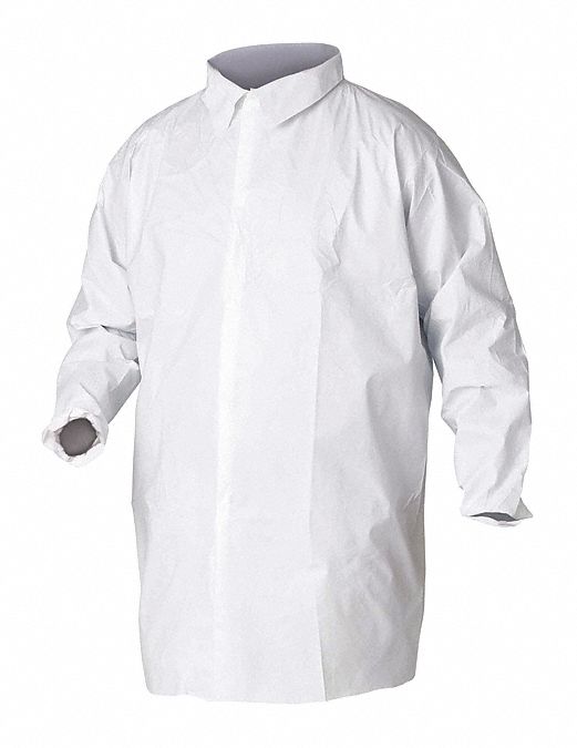 DISPOSABLE LAB COAT, LAMINATE, MANDARIN COLLAR, ELASTIC CUFFS, SNAPS, WHITE, M