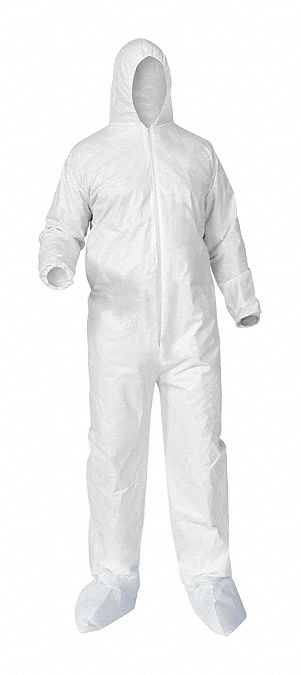 HOODED COVERALLS, 3XL, MICROPOROUS FILM, ELASTIC CUFF W/BOOT COVERS, WHITE